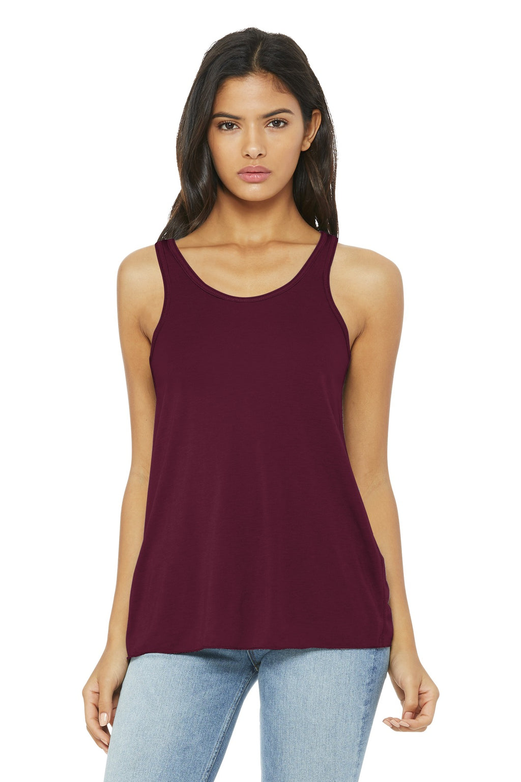 Front View of Maroon BELLA+CANVAS Women's Flowy Racerback Tank. BC8800