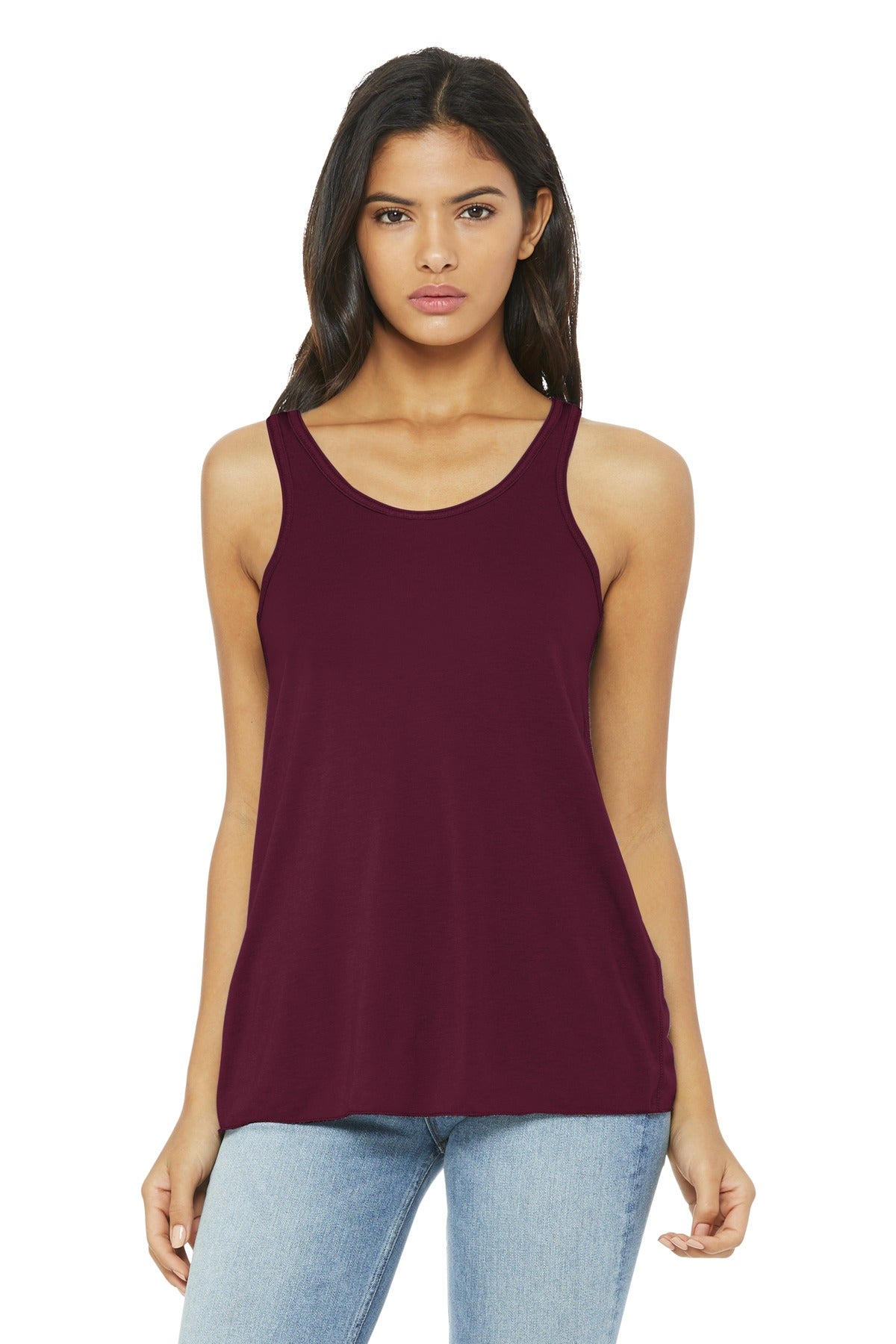 Front View of Maroon BELLA+CANVAS Women's Flowy Racerback Tank. BC8800