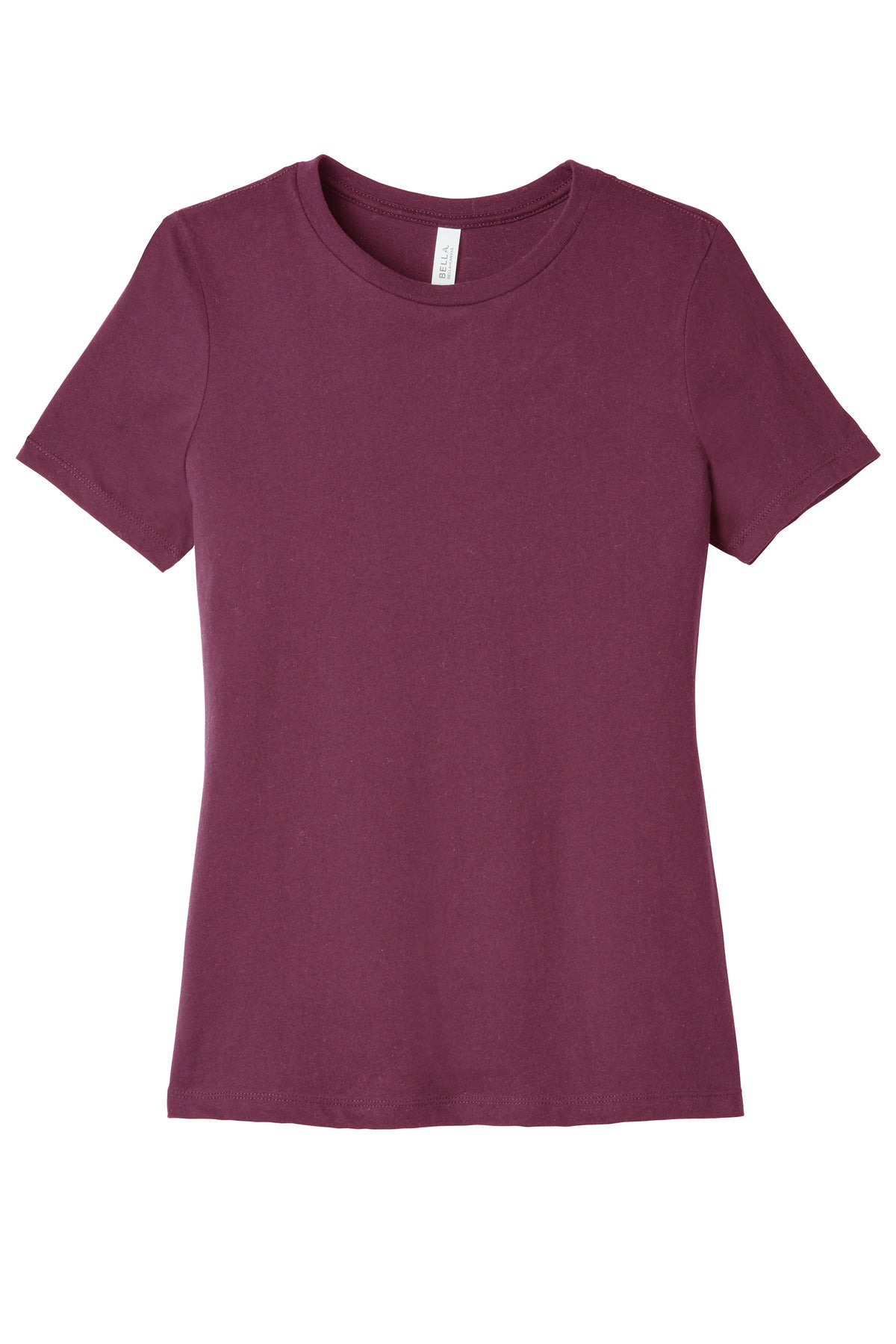 Front View of Maroon BELLA+CANVAS Women's Relaxed Jersey Short Sleeve Tee. BC6400