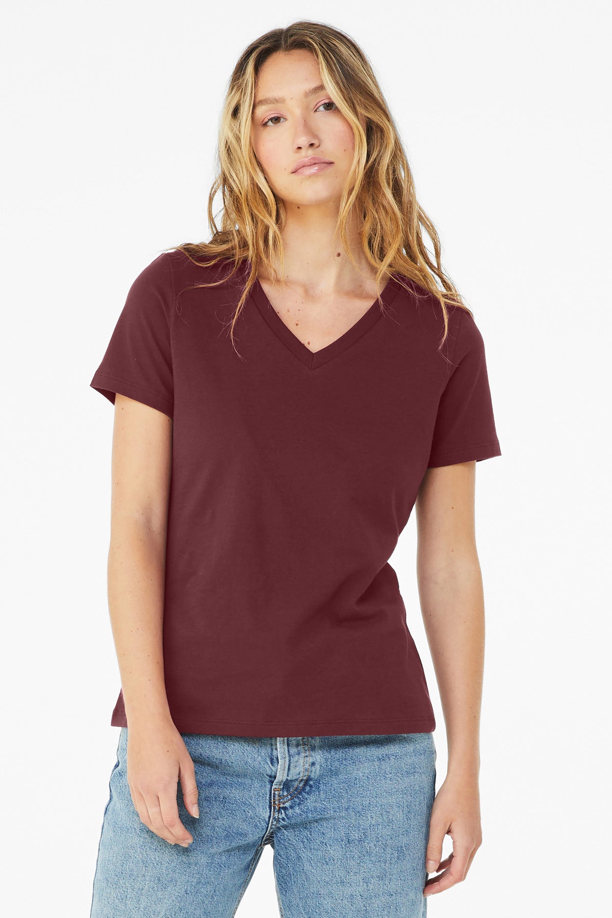 Front View of Maroon BELLA+CANVAS Women's Relaxed Jersey Short Sleeve V-Neck Tee. BC6405