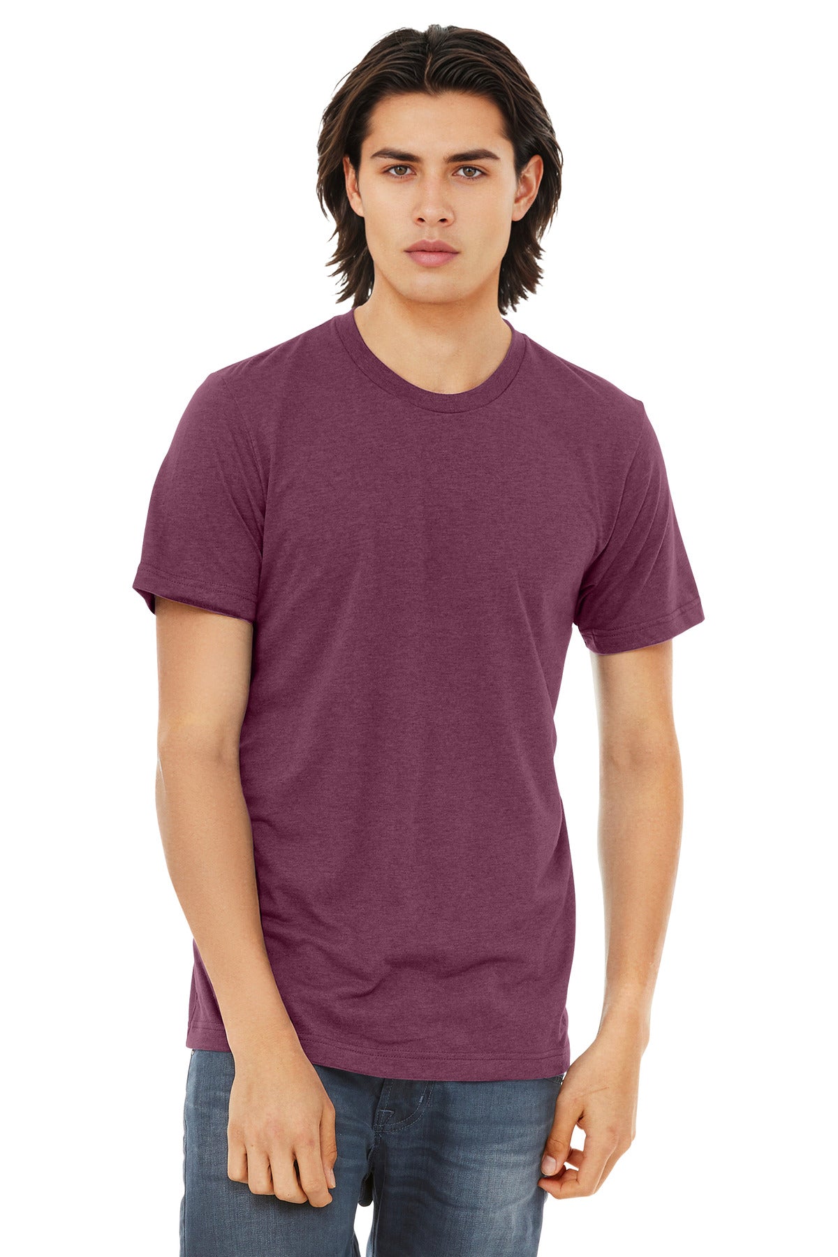 Front View of Maroon TB BELLA+CANVAS Unisex Triblend Short Sleeve Tee. BC3413