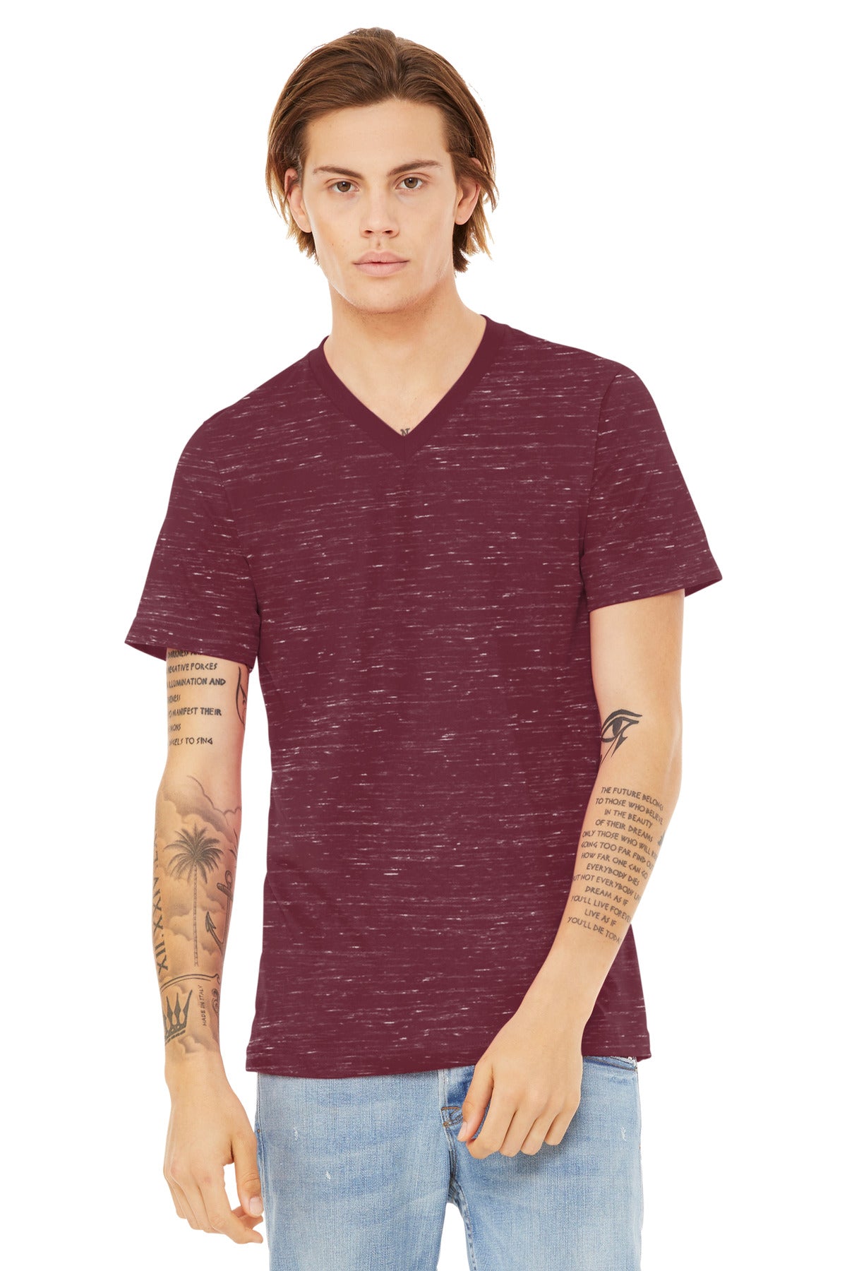 Front View of MaroonMrbl BELLA+CANVAS Unisex Textured Jersey V-Neck Tee BC3655