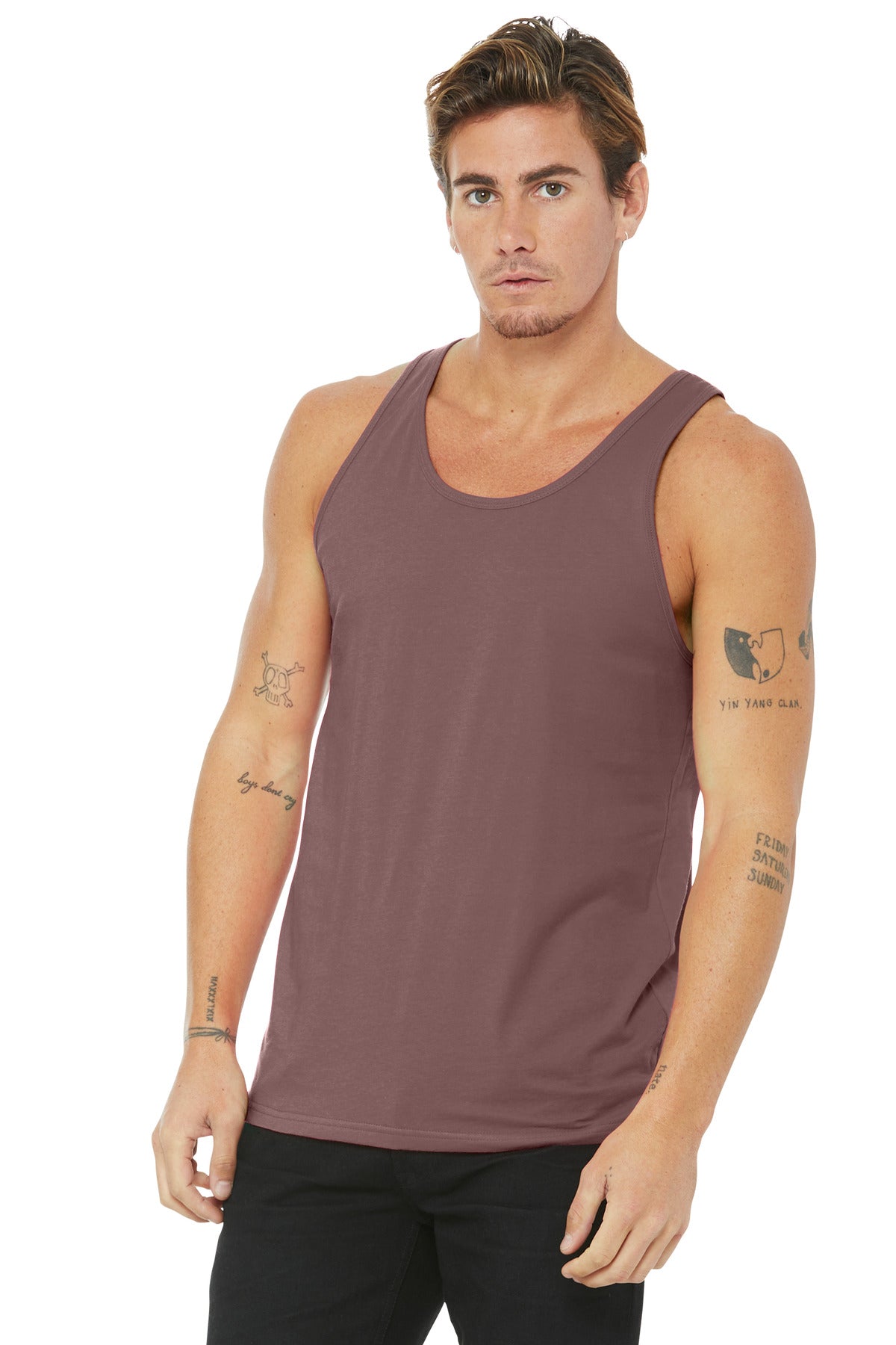 Front View of Mauve BELLA+CANVAS Unisex Jersey Tank. BC3480