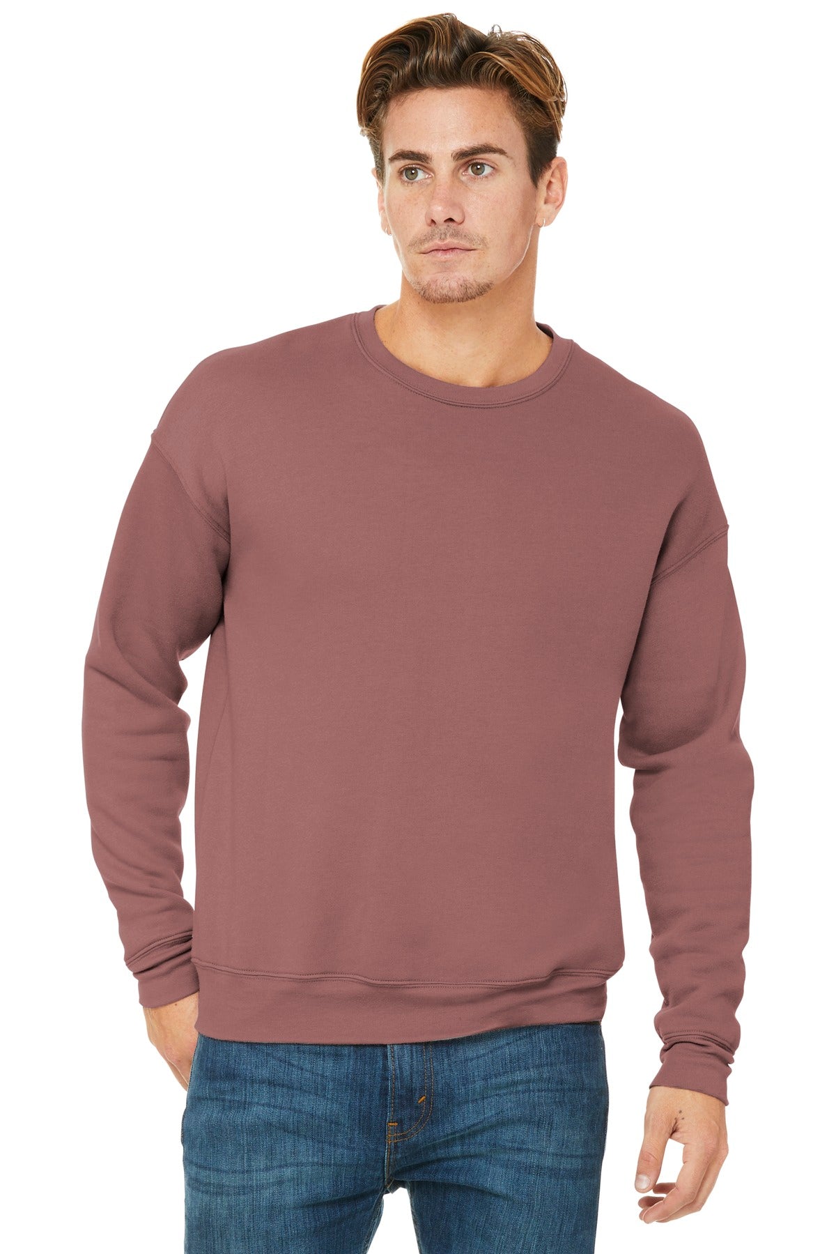 Front View of Mauve BELLA+CANVAS Unisex Sponge Fleece Drop Shoulder Sweatshirt. BC3945