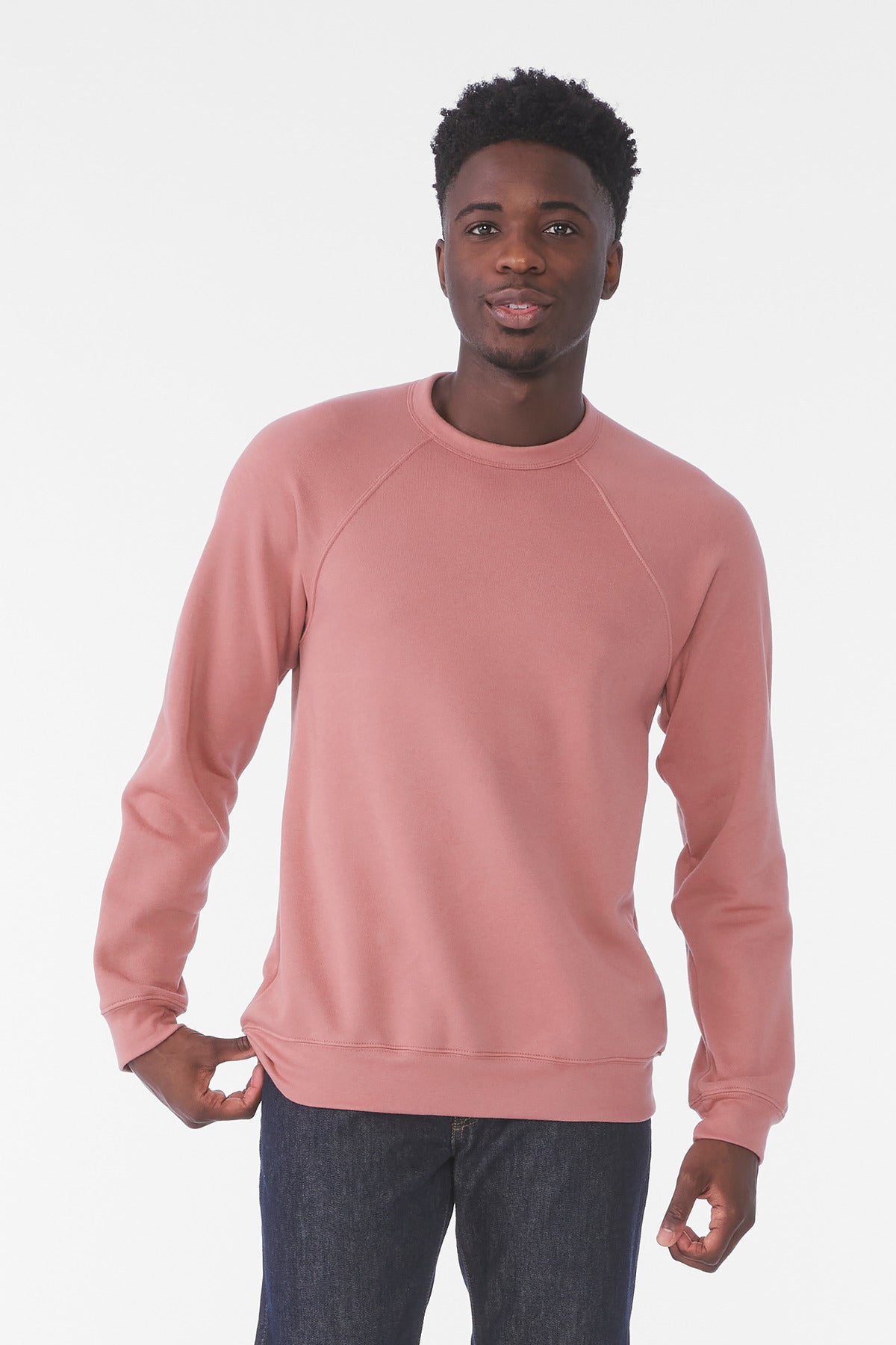 Front View of Mauve BELLA+CANVAS Unisex Sponge Fleece Raglan Sweatshirt. BC3901