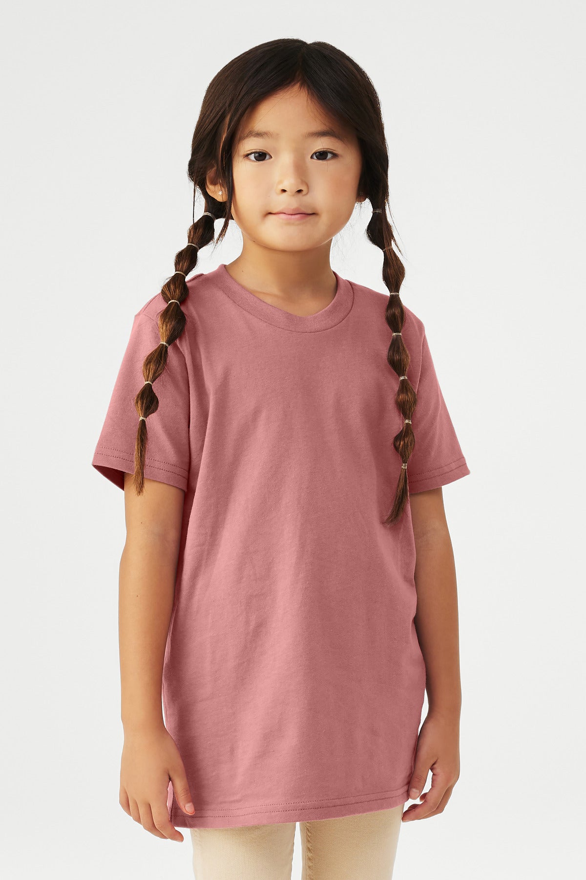 Front View of Mauve BELLA+CANVAS Youth Jersey Short Sleeve Tee. BC3001Y