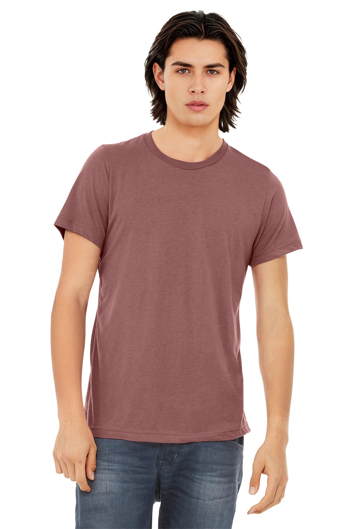 Front View of Mauve TB BELLA+CANVAS Unisex Triblend Short Sleeve Tee. BC3413