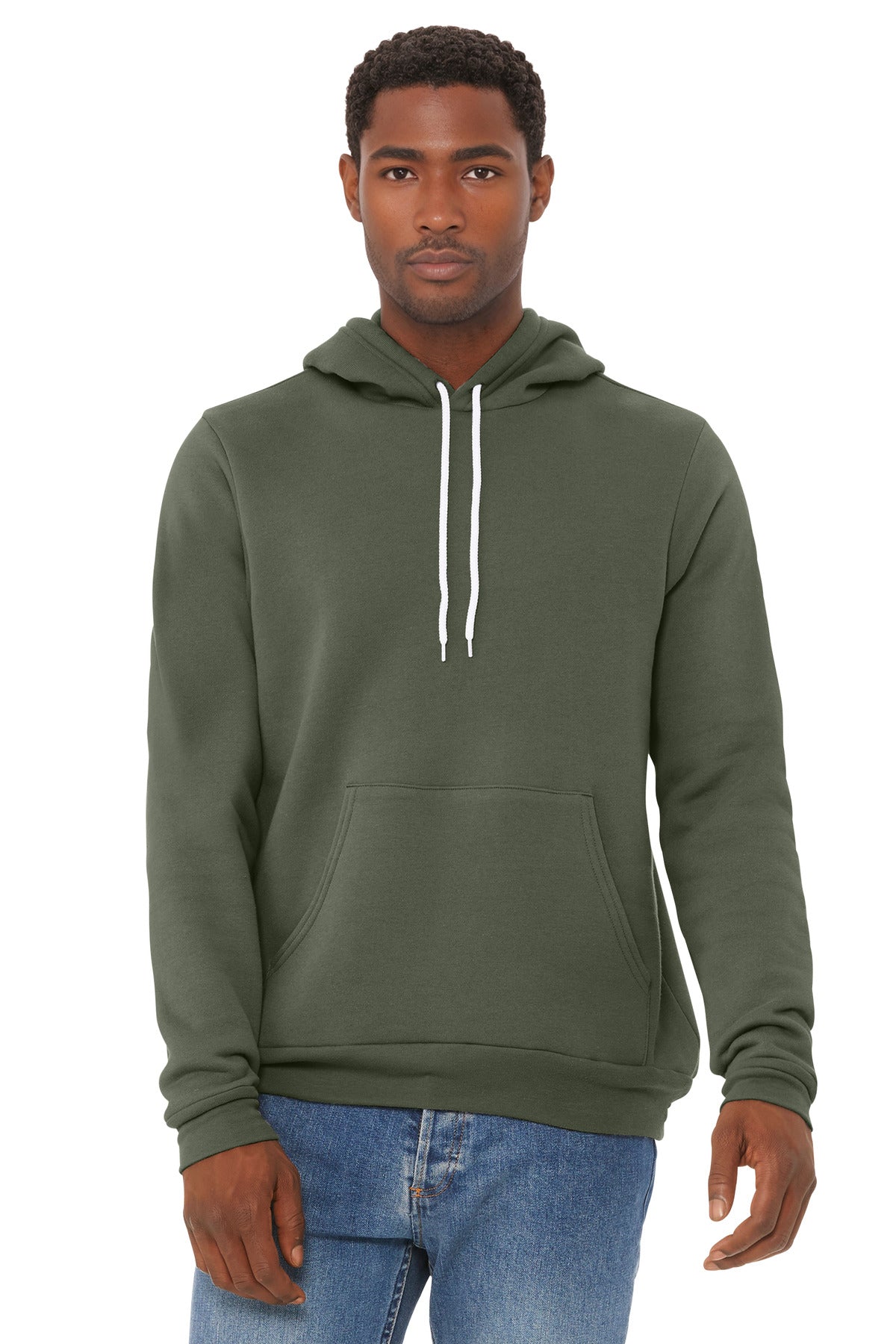 Front View of MilGreen BELLA+CANVAS Unisex Sponge Fleece Pullover Hoodie. BC3719