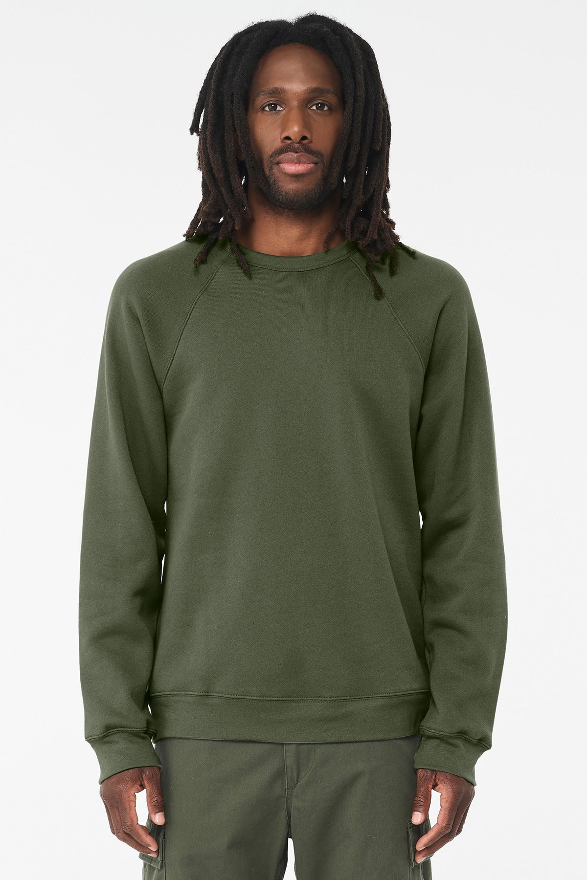 Front View of MilGreen BELLA+CANVAS Unisex Sponge Fleece Raglan Sweatshirt. BC3901