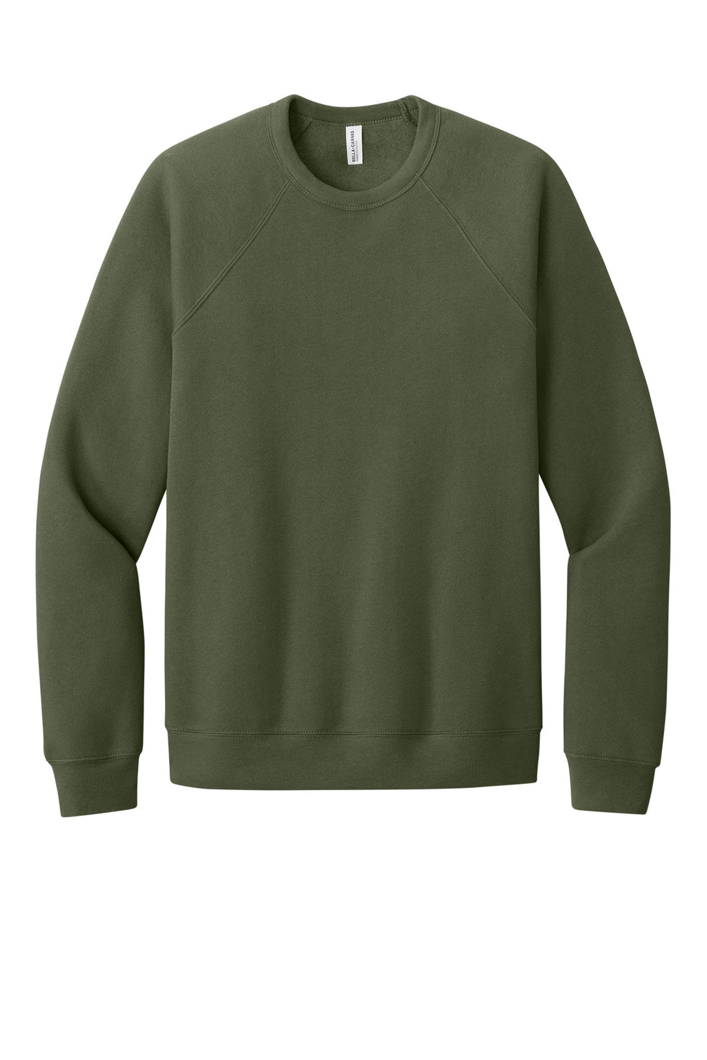 Front View of MilGreen BELLA+CANVAS Unisex Sponge Fleece Raglan Sweatshirt. BC3901