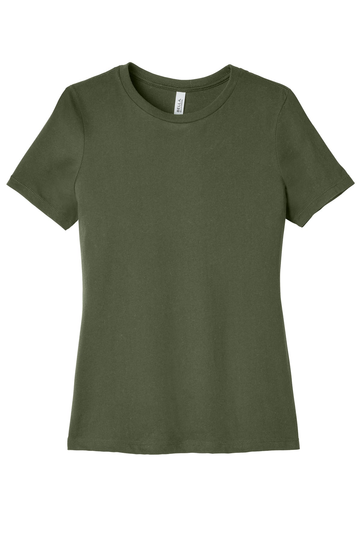 Front View of MilGreen BELLA+CANVAS Women's Relaxed Jersey Short Sleeve Tee. BC6400