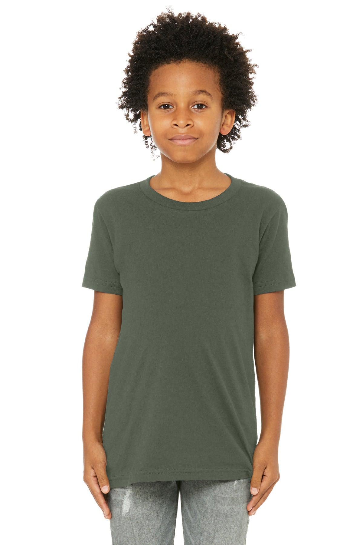 Front View of MilGreen BELLA+CANVAS Youth Jersey Short Sleeve Tee. BC3001Y