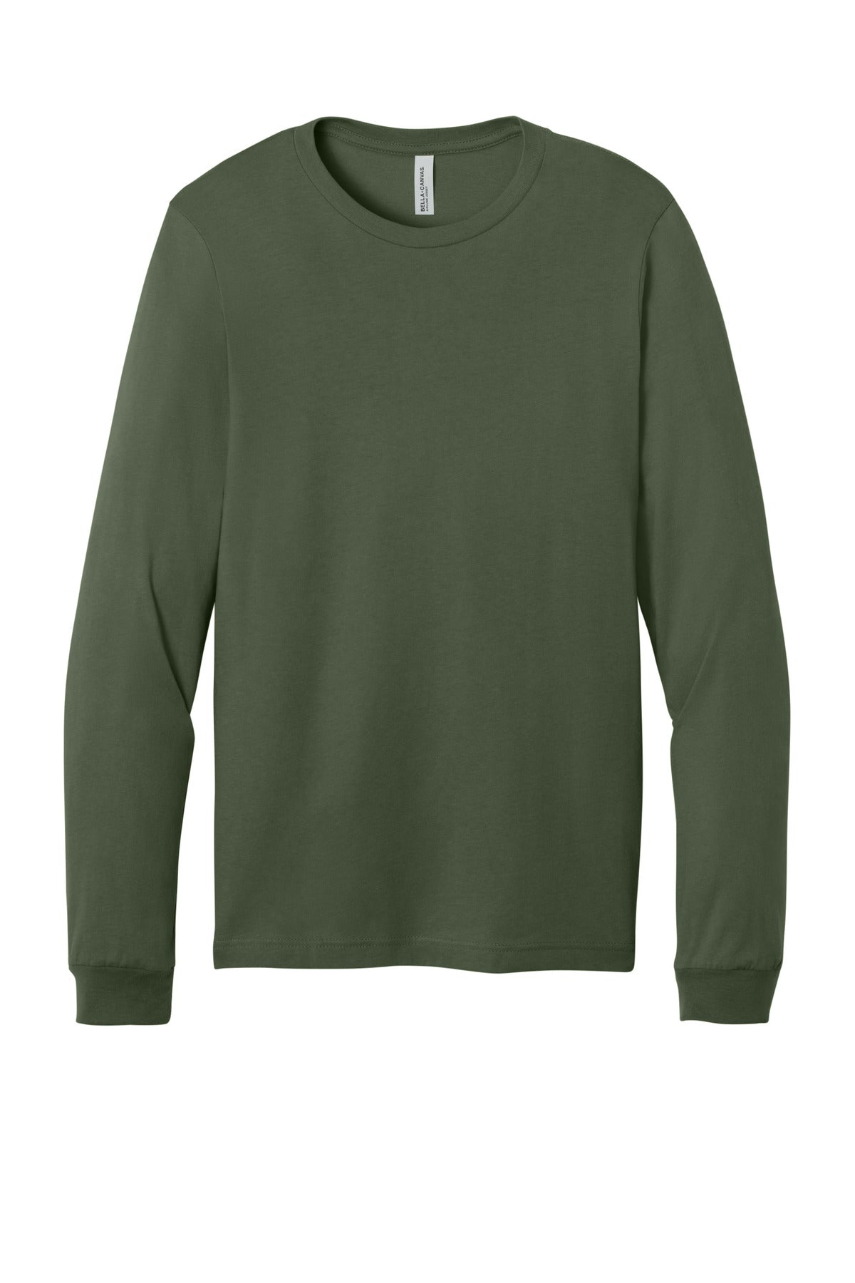 Front View of Military Green BELLA+CANVAS Unisex Jersey Long Sleeve Tee. BC3501