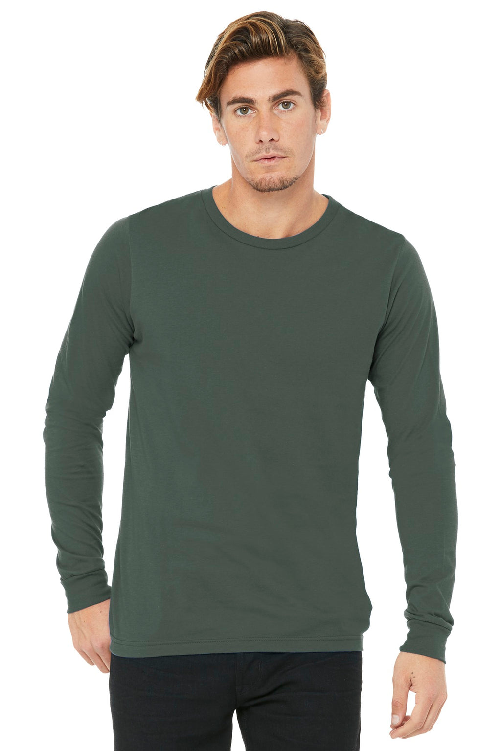 Front View of Military Green BELLA+CANVAS Unisex Jersey Long Sleeve Tee. BC3501