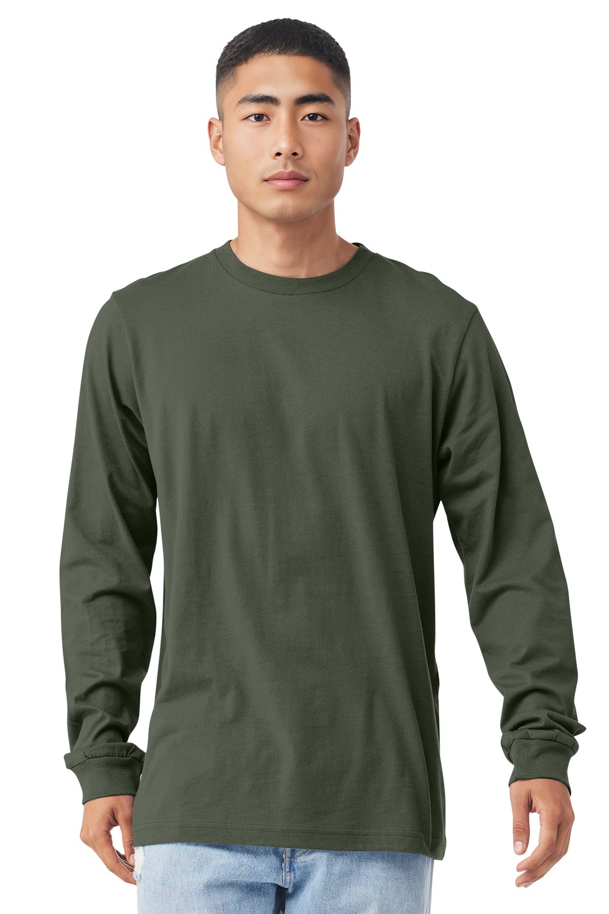 Front View of Military Green BELLA+CANVAS Unisex Jersey Long Sleeve Tee. BC3501