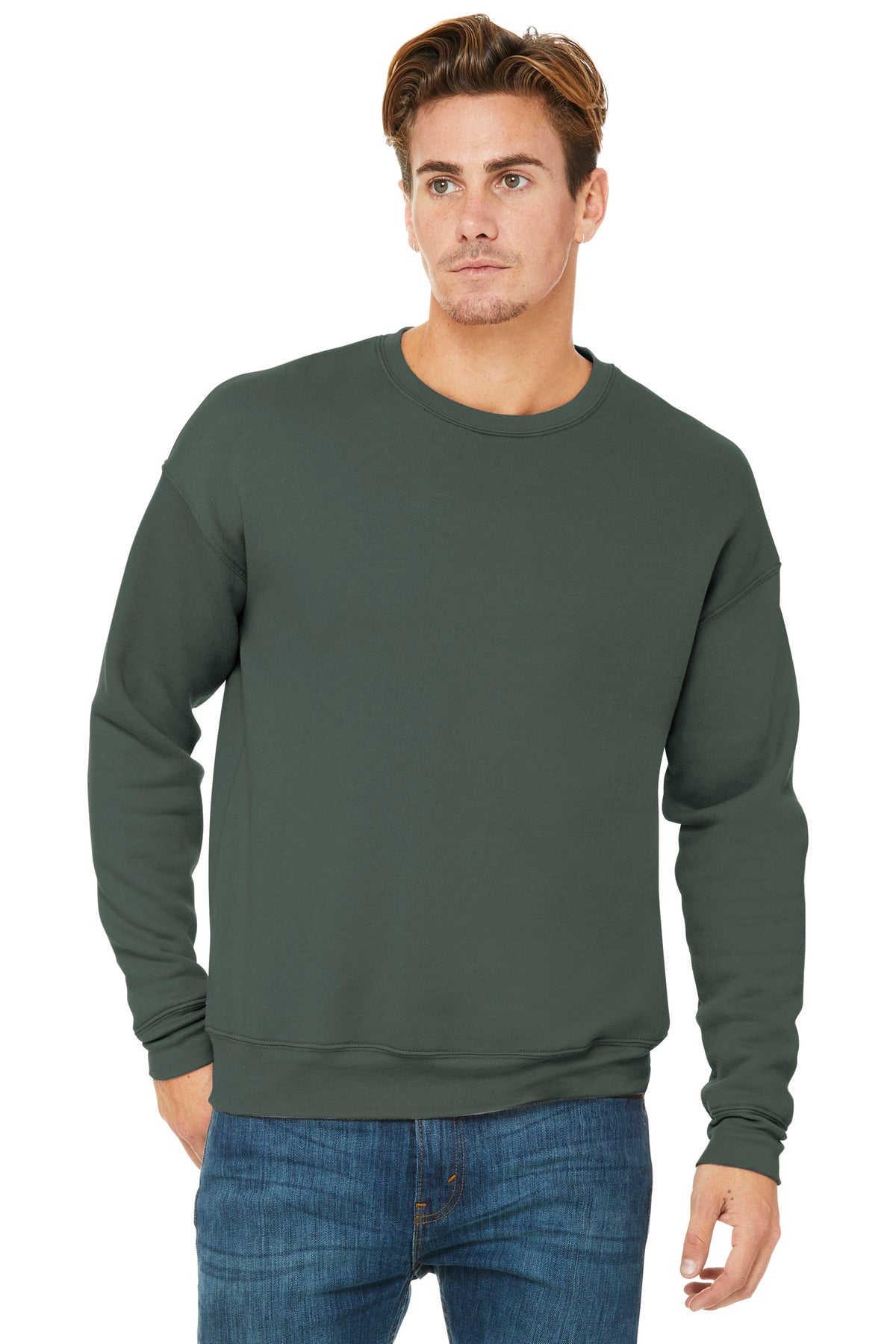 Front View of Military Green BELLA+CANVAS Unisex Sponge Fleece Drop Shoulder Sweatshirt. BC3945