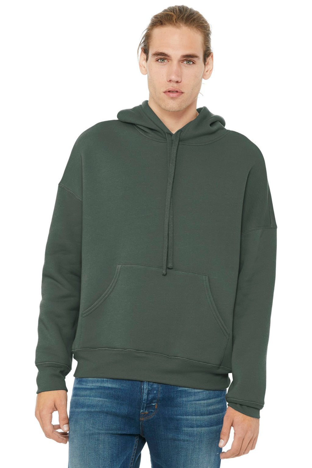 Front View of Military Green BELLA+CANVAS Unisex Sponge Fleece Pullover DTM Hoodie. BC3729