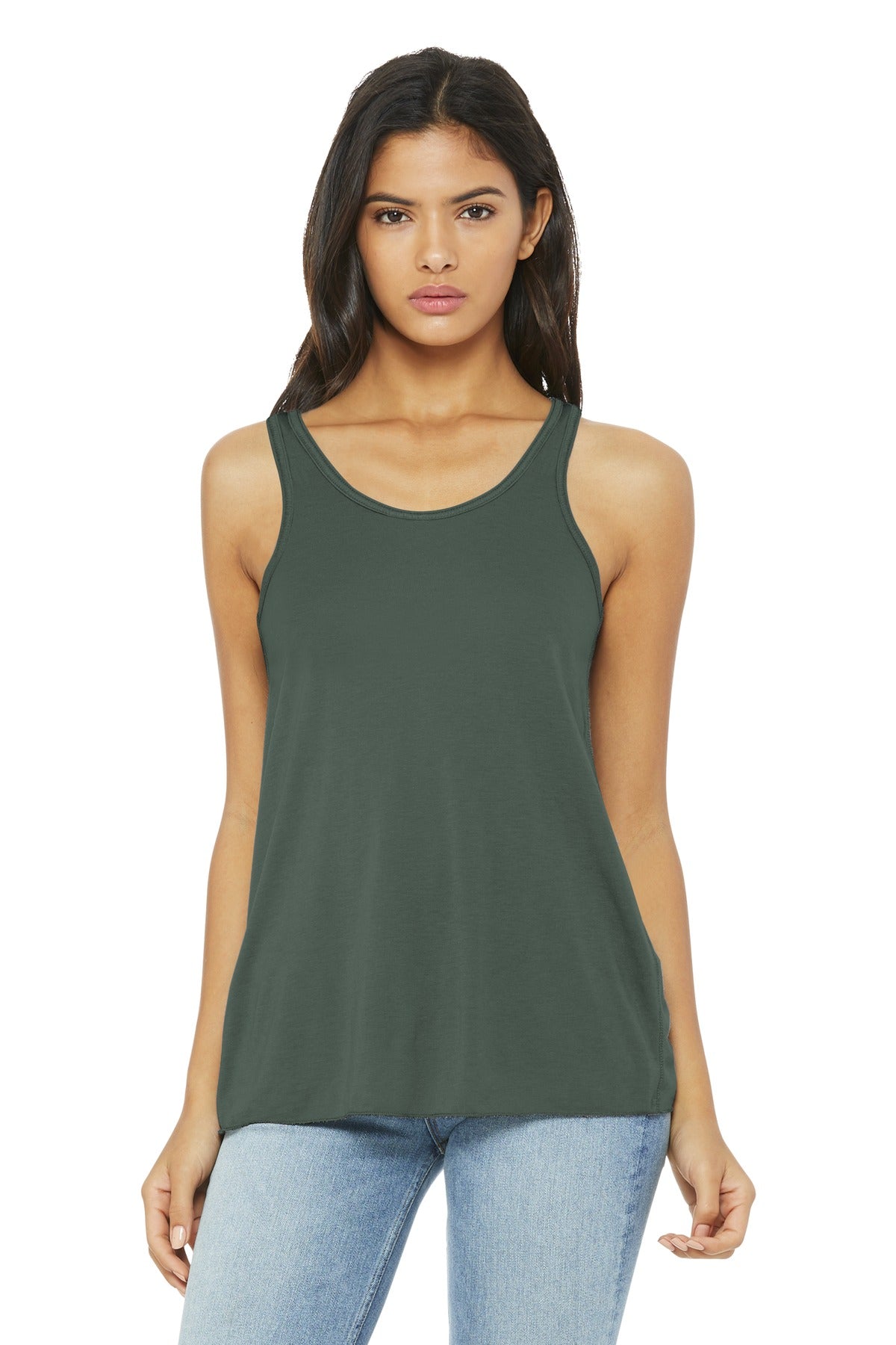 Front View of Military Green BELLA+CANVAS Women's Flowy Racerback Tank. BC8800