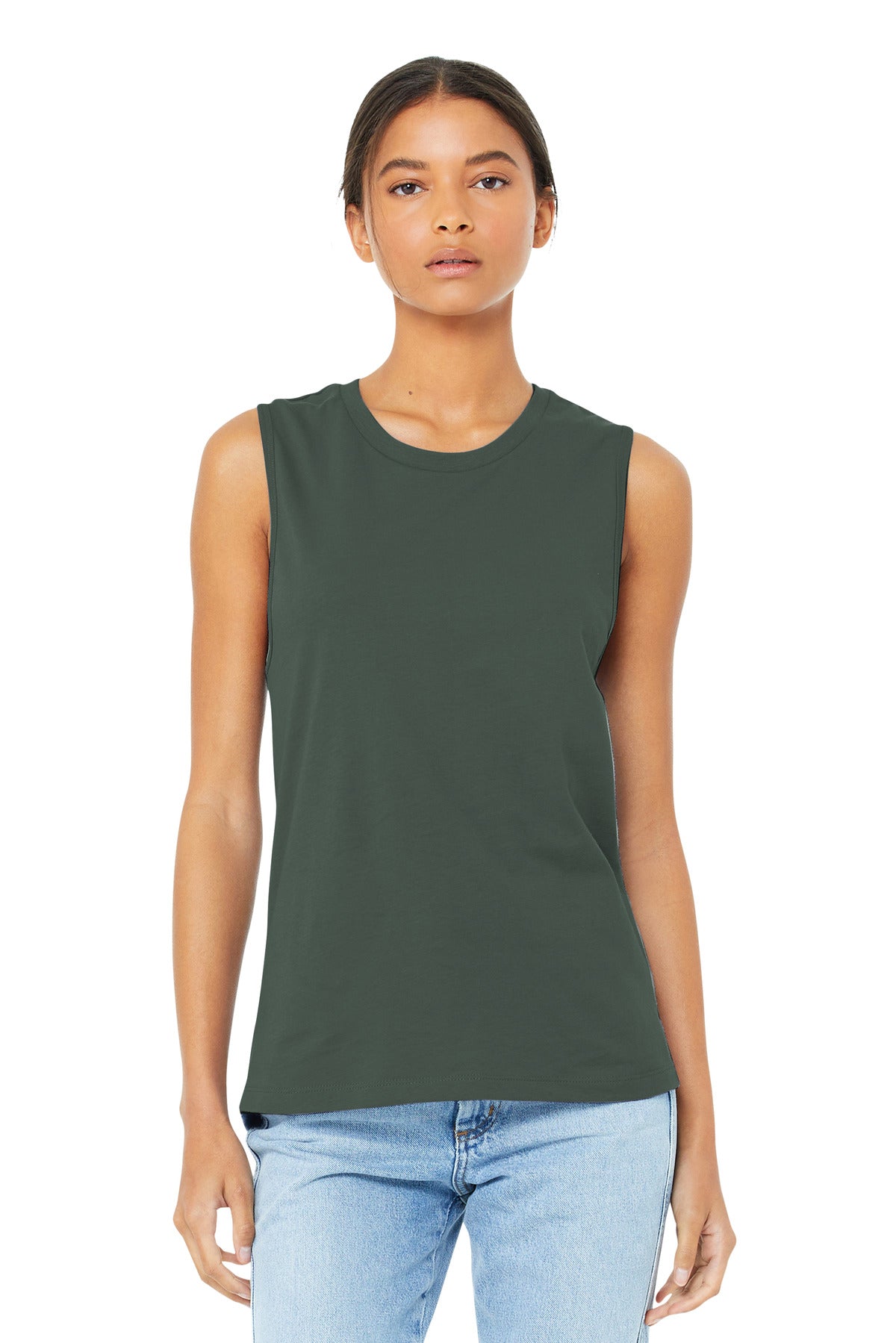 Front View of Military Green BELLA+CANVAS Women's Jersey Muscle Tank. BC6003