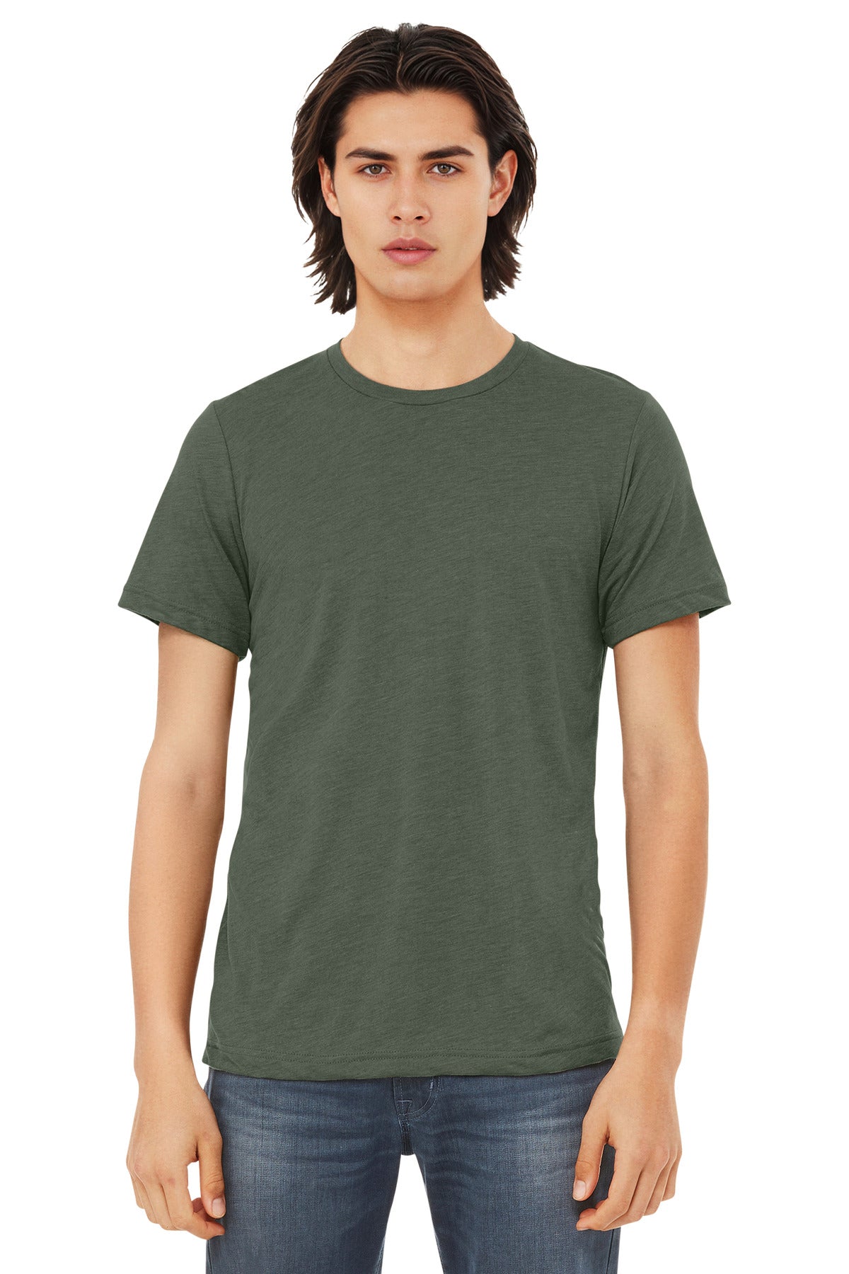Front View of Militry Grn TB BELLA+CANVAS Unisex Triblend Short Sleeve Tee. BC3413