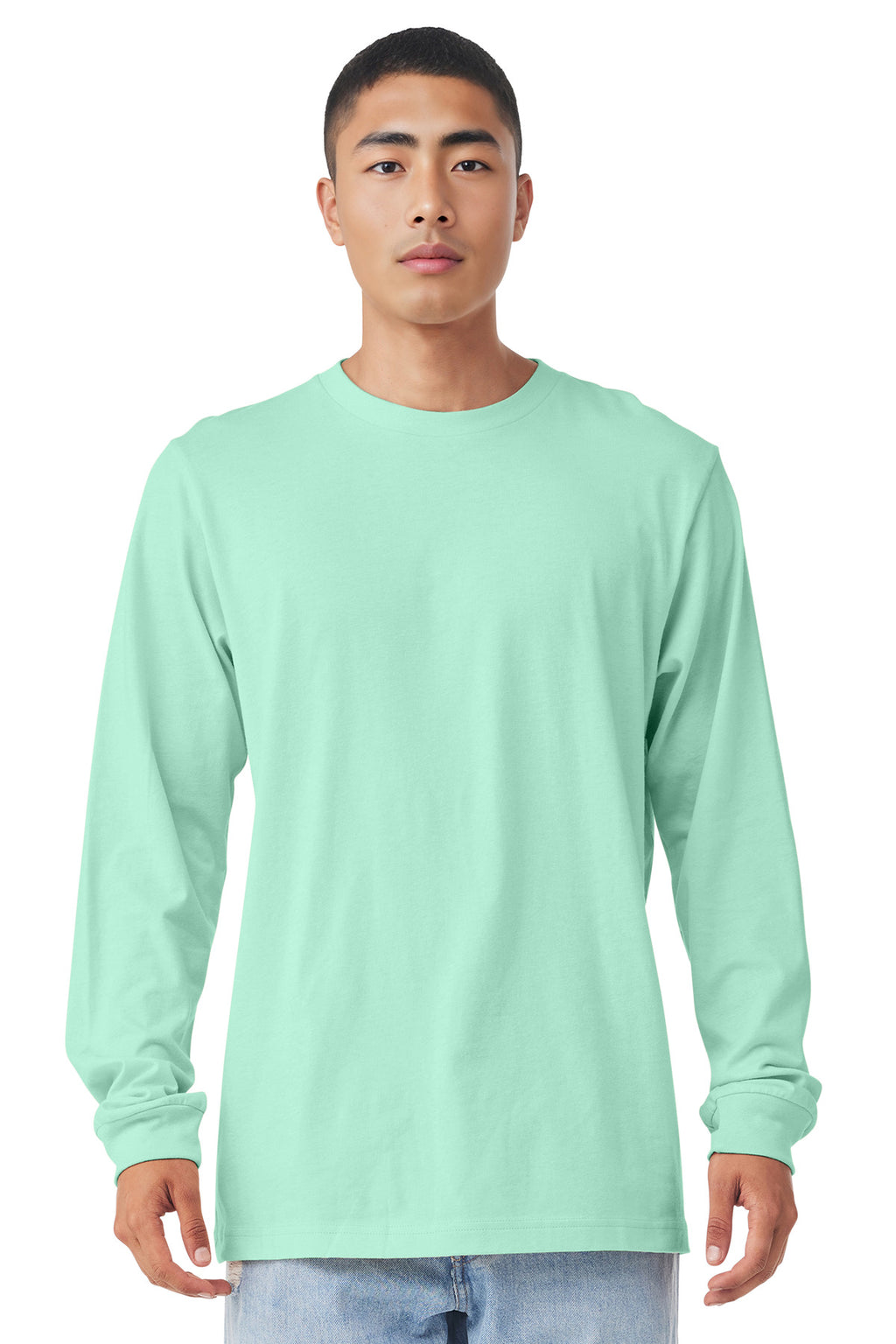 Front View of Mint BELLA+CANVAS Unisex Jersey Long Sleeve Tee. BC3501