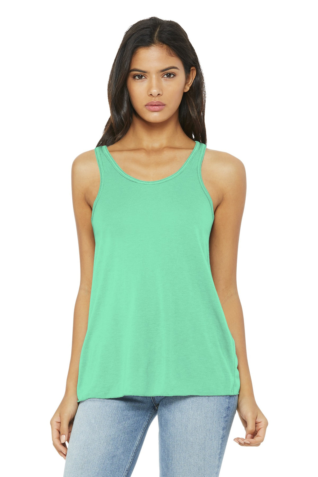 Front View of Mint BELLA+CANVAS Women's Flowy Racerback Tank. BC8800