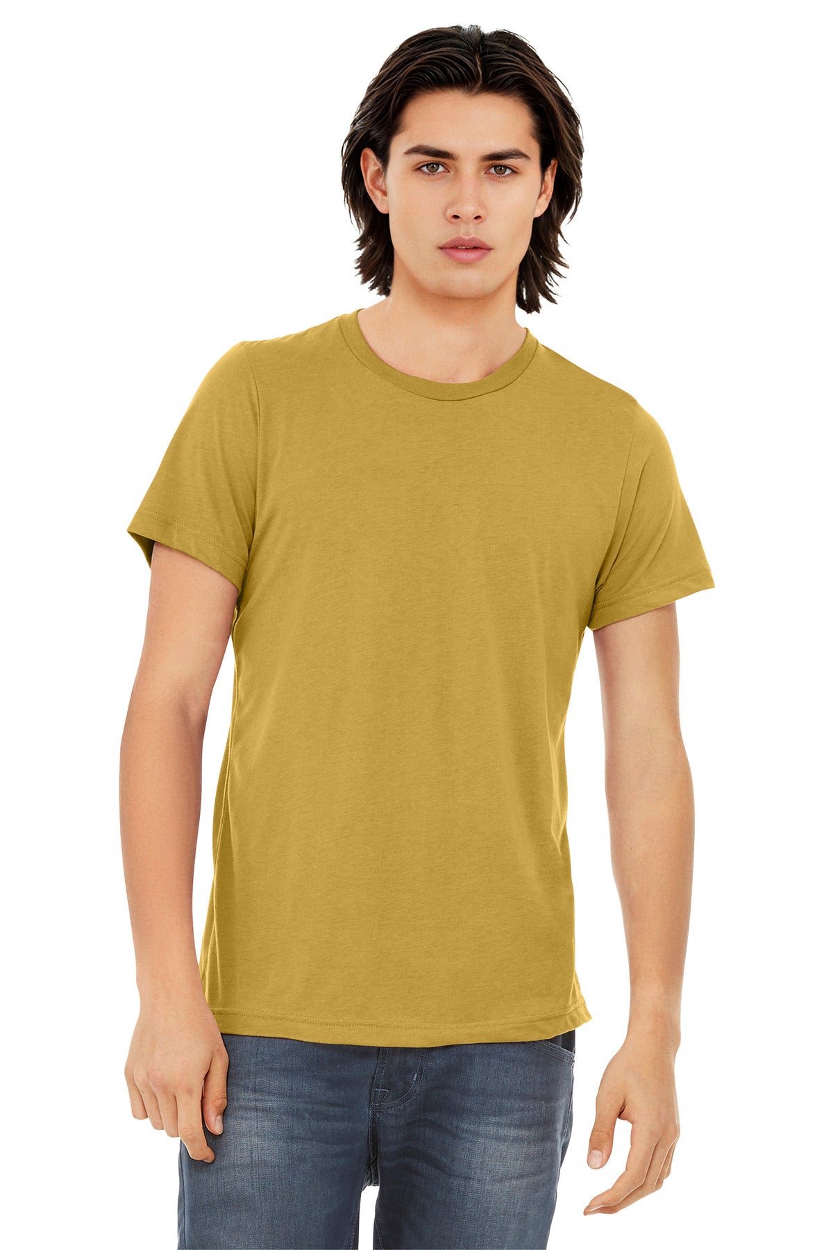 Front View of Mustard Tb BELLA+CANVAS Unisex Triblend Short Sleeve Tee. BC3413