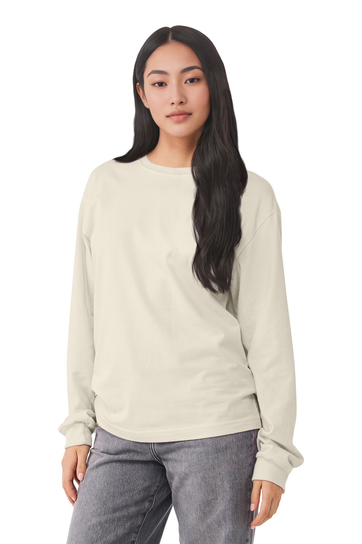 Front View of Natural BELLA+CANVAS Unisex 6-Ounce Heavyweight Long Sleeve Tee BC3511