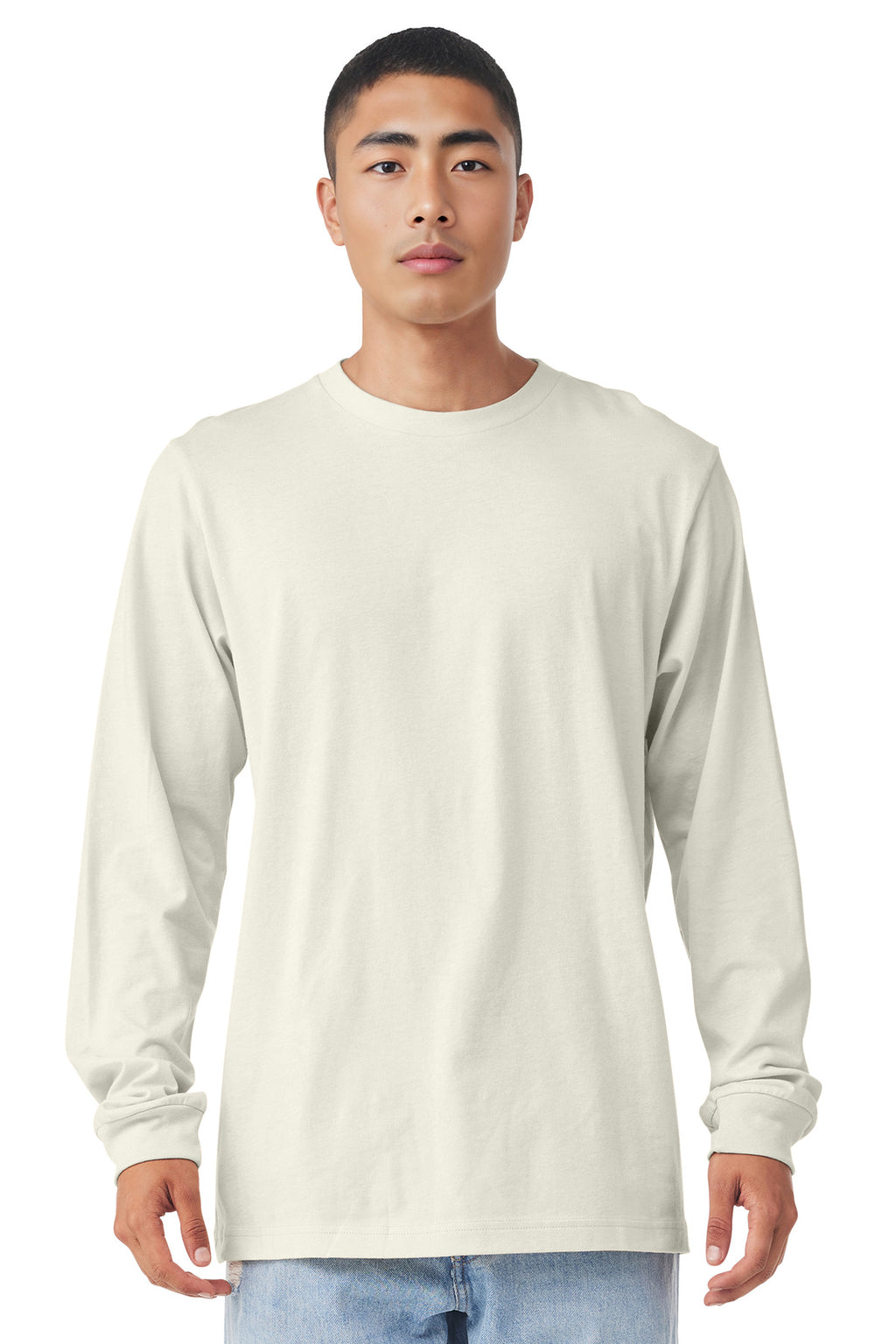 Front View of Natural BELLA+CANVAS Unisex Jersey Long Sleeve Tee. BC3501