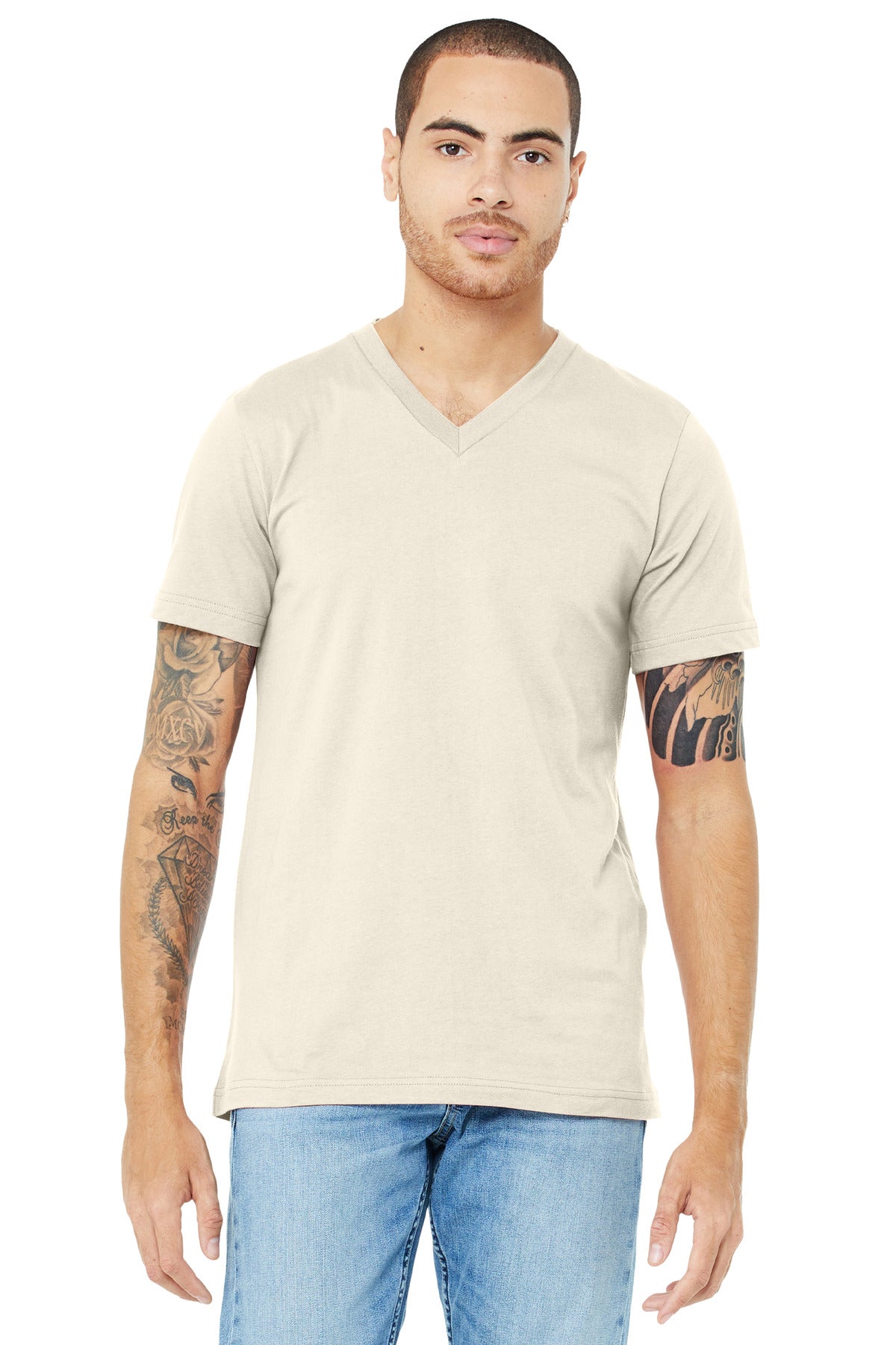 Front View of Natural BELLA+CANVAS Unisex Jersey Short Sleeve V-Neck Tee. BC3005