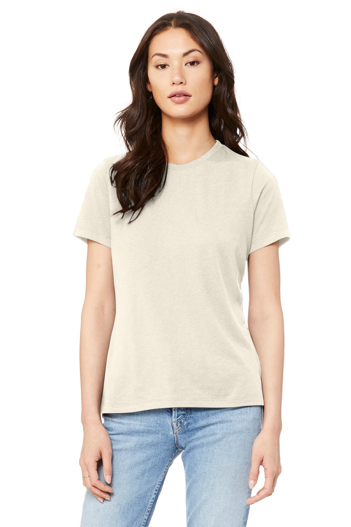 Front View of Natural BELLA+CANVAS Women's Relaxed Jersey Short Sleeve Tee. BC6400