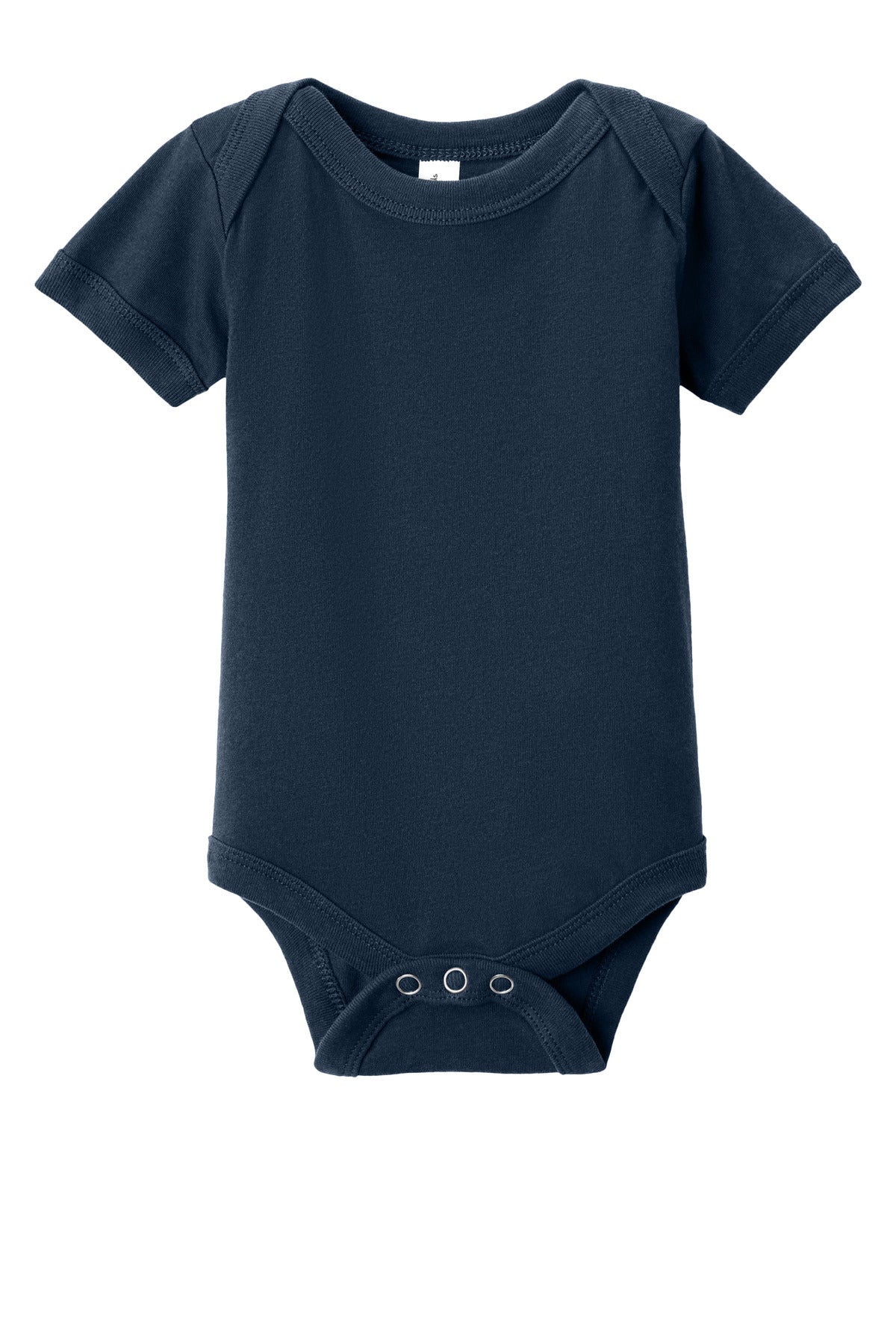 Front View of Navy BELLA+CANVAS Infant Jersey Short Sleeve One Piece BC100B