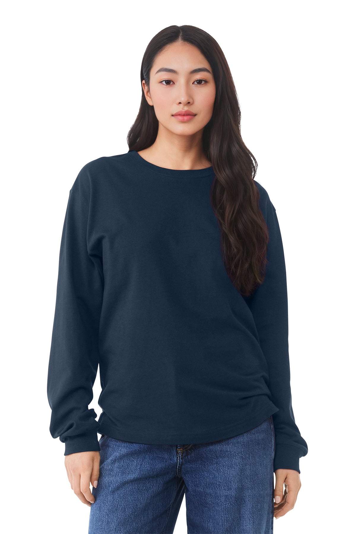 Front View of Navy BELLA+CANVAS Unisex 6-Ounce Heavyweight Long Sleeve Tee BC3511