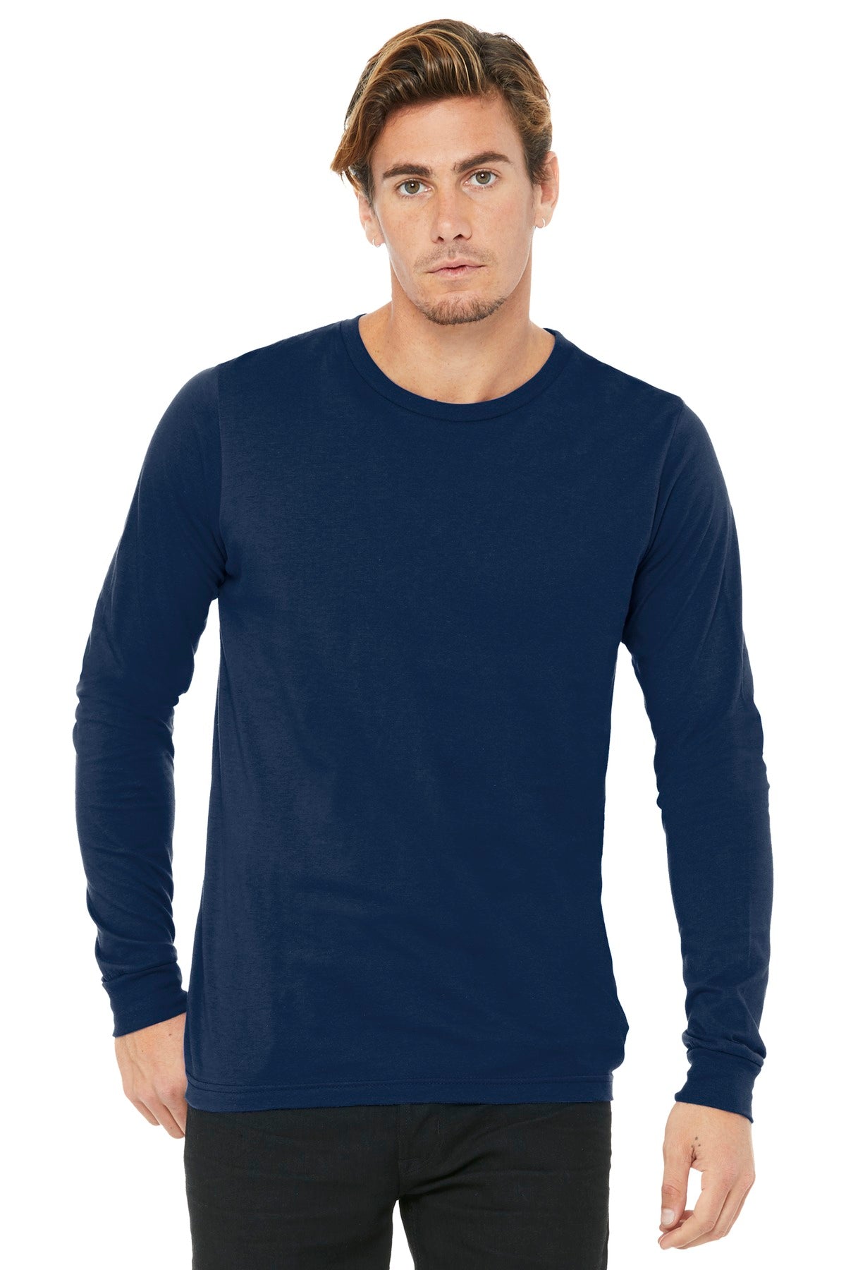 Front View of Navy BELLA+CANVAS Unisex Jersey Long Sleeve Tee. BC3501