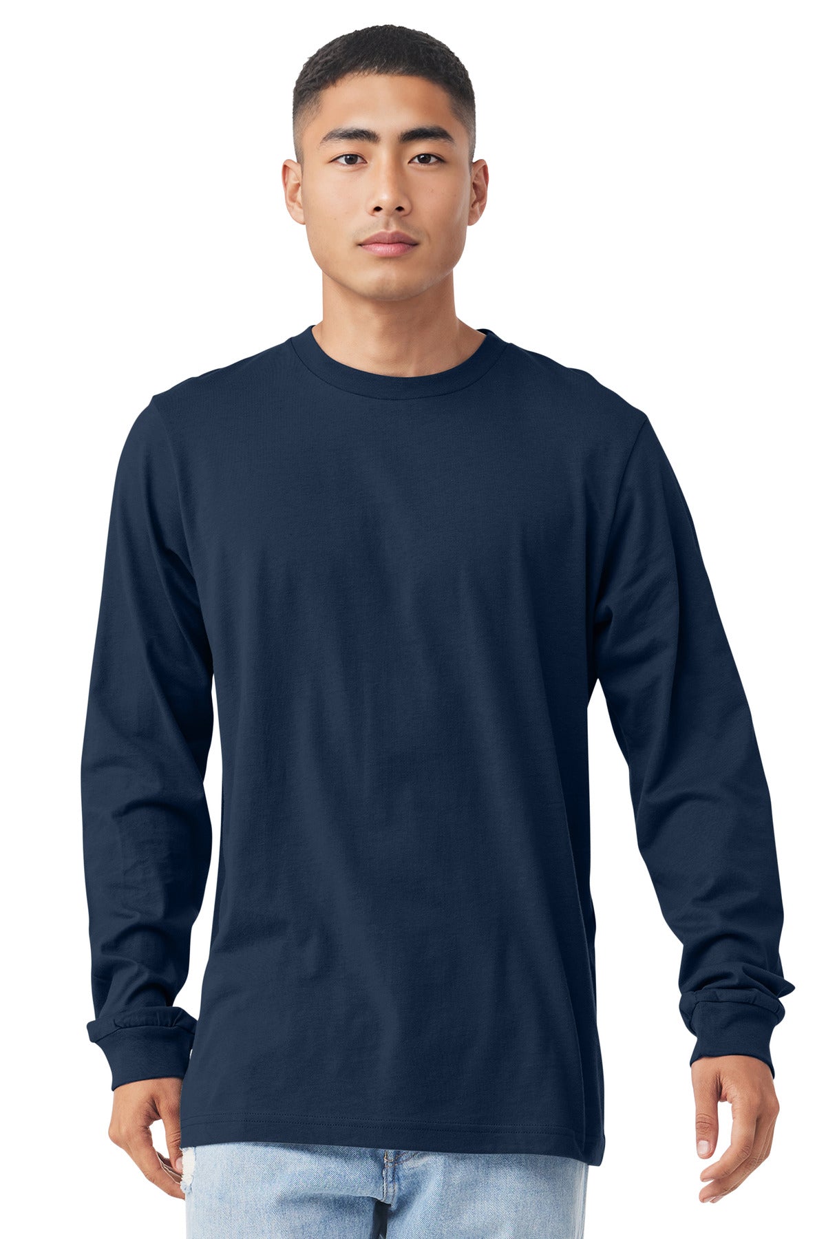 Front View of Navy BELLA+CANVAS Unisex Jersey Long Sleeve Tee. BC3501