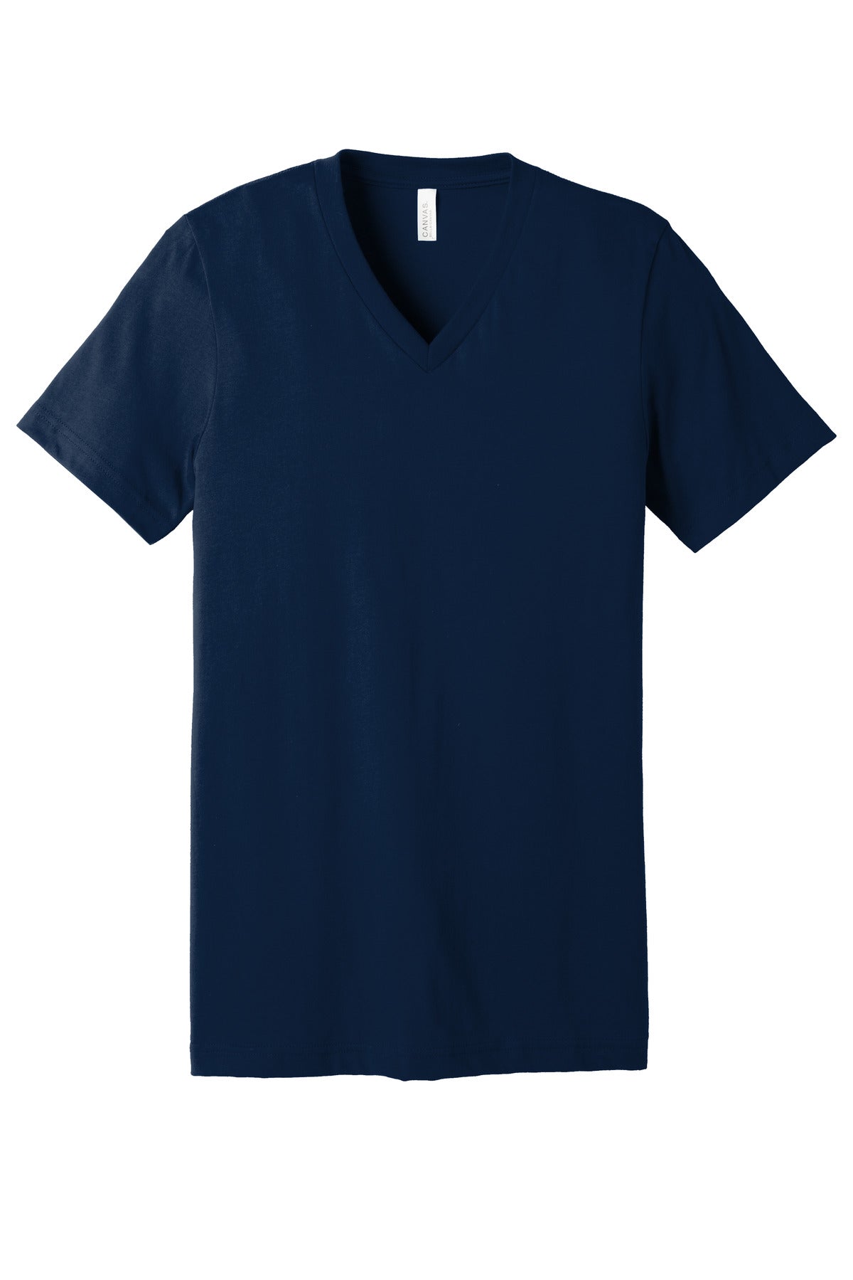 Front View of Navy BELLA+CANVAS Unisex Jersey Short Sleeve V-Neck Tee. BC3005
