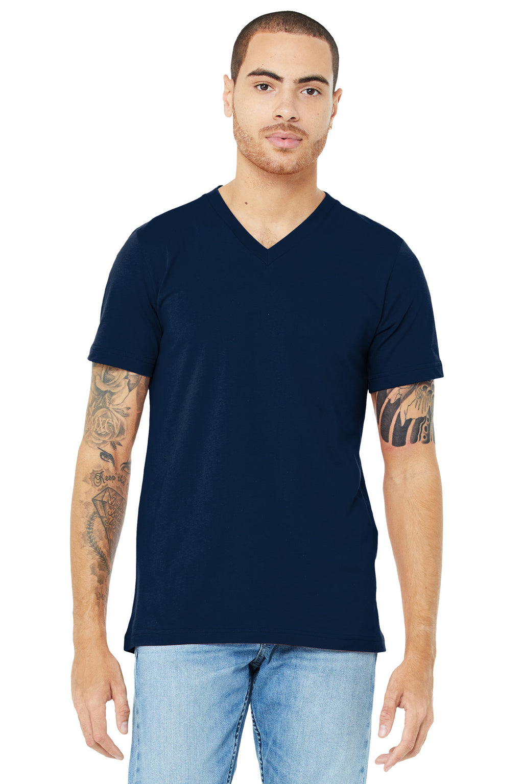 Front View of Navy BELLA+CANVAS Unisex Jersey Short Sleeve V-Neck Tee. BC3005