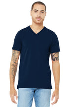 Front View of Navy BELLA+CANVAS Unisex Jersey Short Sleeve V-Neck Tee. BC3005