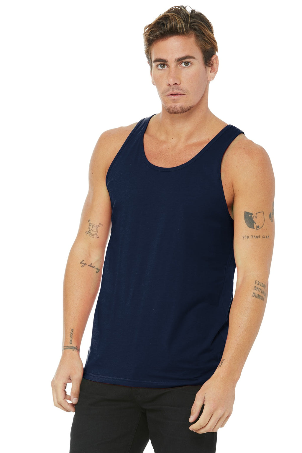 Front View of Navy BELLA+CANVAS Unisex Jersey Tank. BC3480
