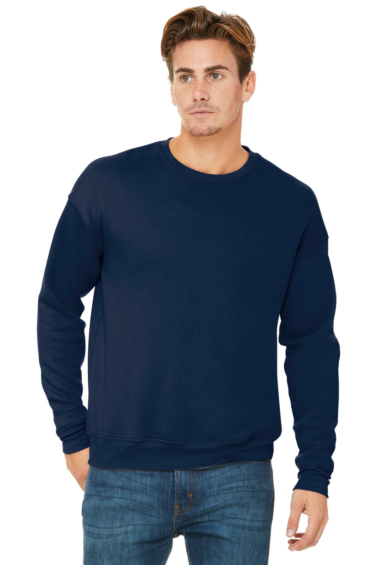 Front View of Navy BELLA+CANVAS Unisex Sponge Fleece Drop Shoulder Sweatshirt. BC3945