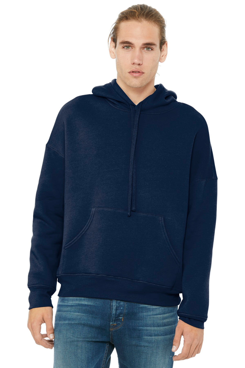 Front View of Navy BELLA+CANVAS Unisex Sponge Fleece Pullover DTM Hoodie. BC3729