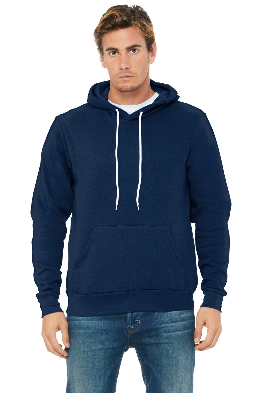 Front View of Navy BELLA+CANVAS Unisex Sponge Fleece Pullover Hoodie. BC3719