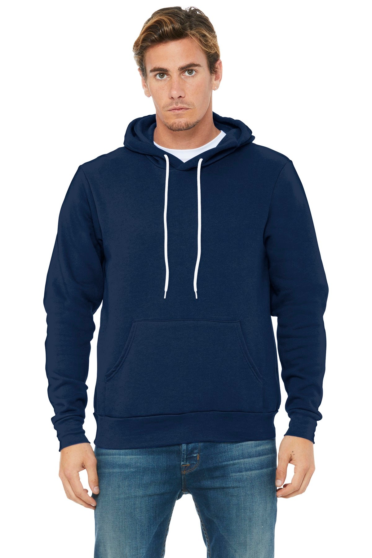 Front View of Navy BELLA+CANVAS Unisex Sponge Fleece Pullover Hoodie. BC3719