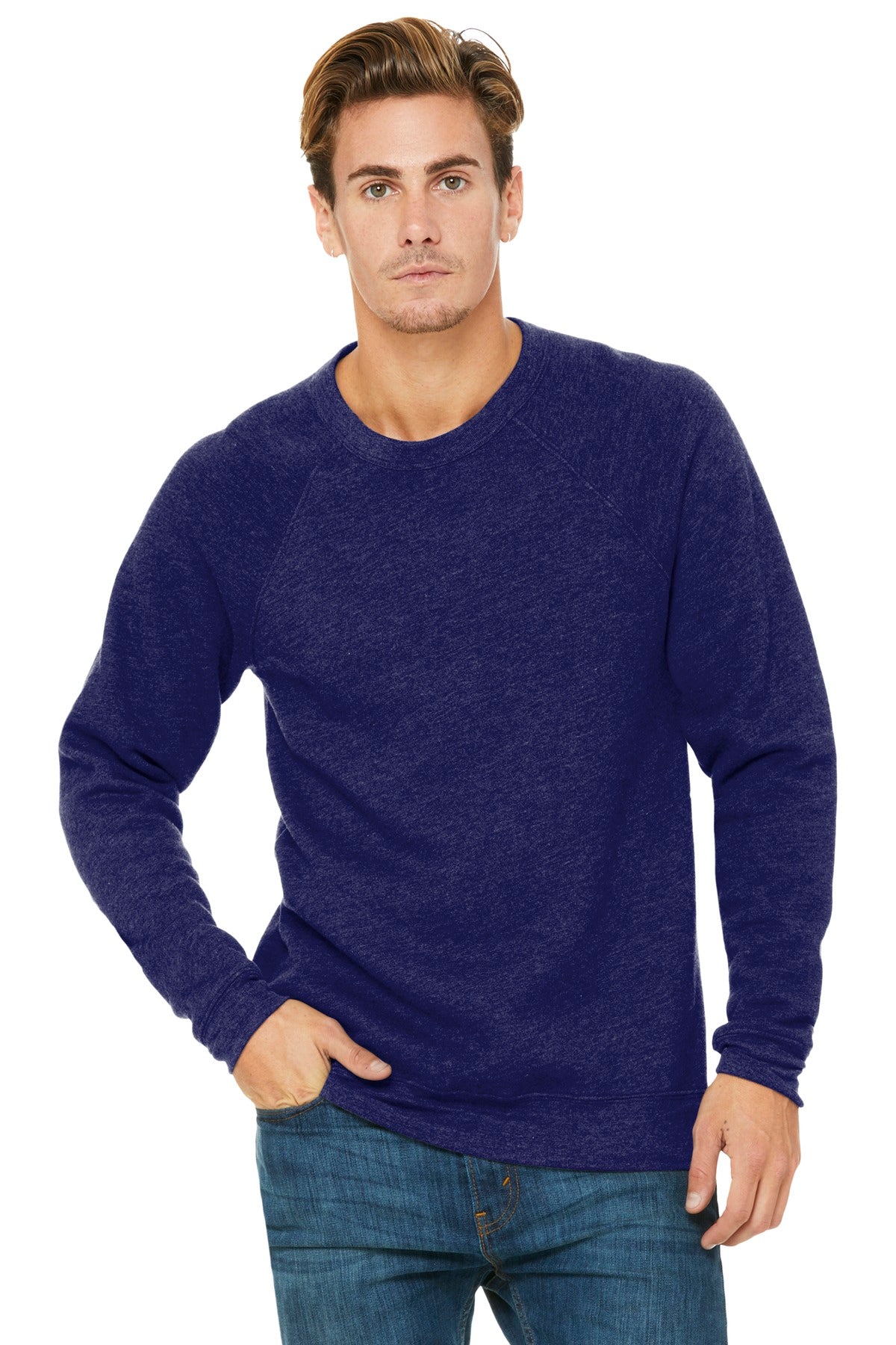 Front View of Navy BELLA+CANVAS Unisex Sponge Fleece Raglan Sweatshirt. BC3901