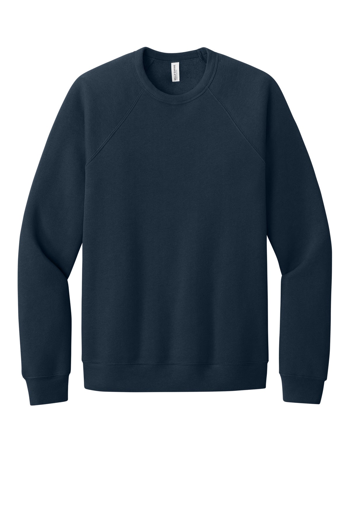 Front View of Navy BELLA+CANVAS Unisex Sponge Fleece Raglan Sweatshirt. BC3901