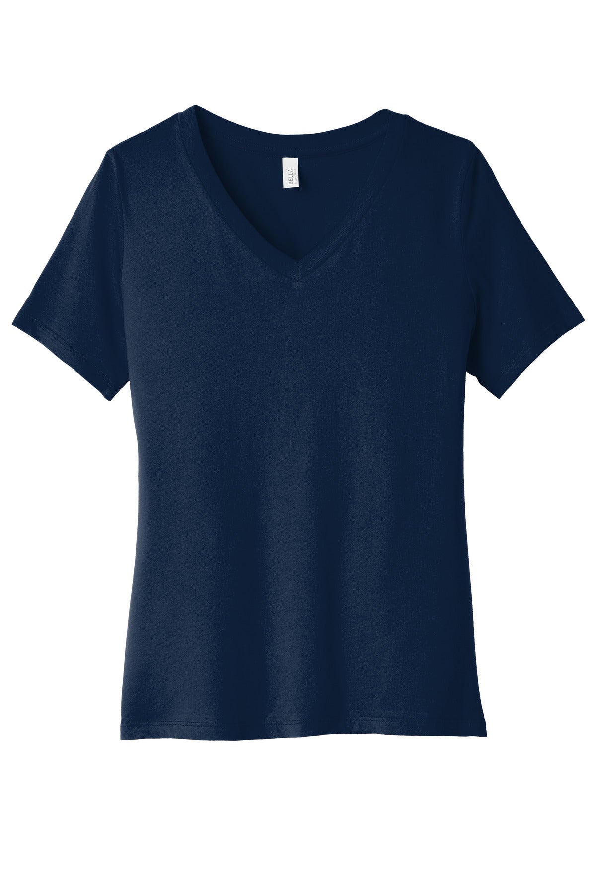 Front View of Navy BELLA+CANVAS Women's Relaxed Jersey Short Sleeve V-Neck Tee. BC6405