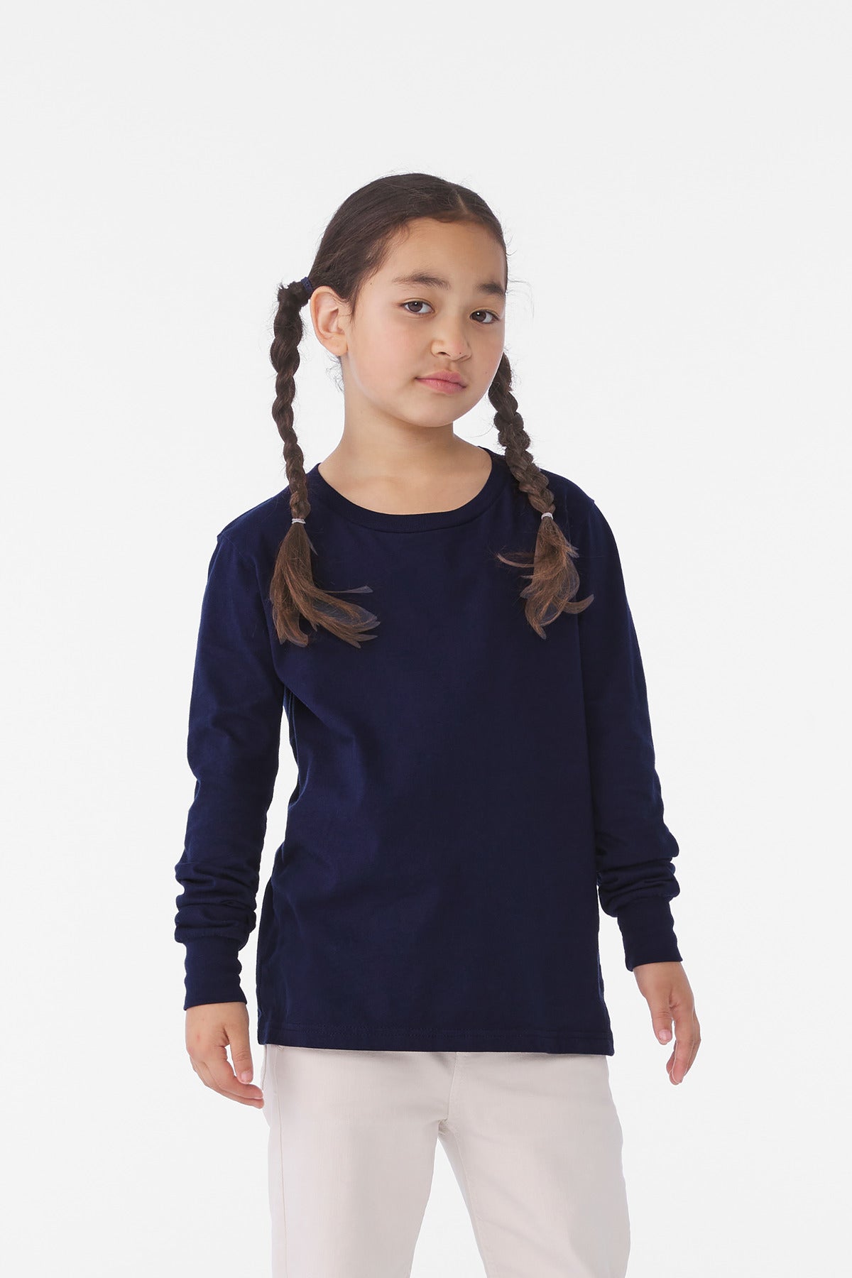 Front View of Navy BELLA+CANVAS Youth Jersey Long Sleeve Tee BC3501Y