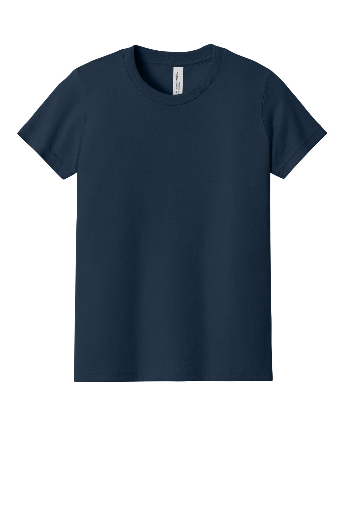 Front View of Navy BELLA+CANVAS Youth Jersey Short Sleeve Tee. BC3001Y