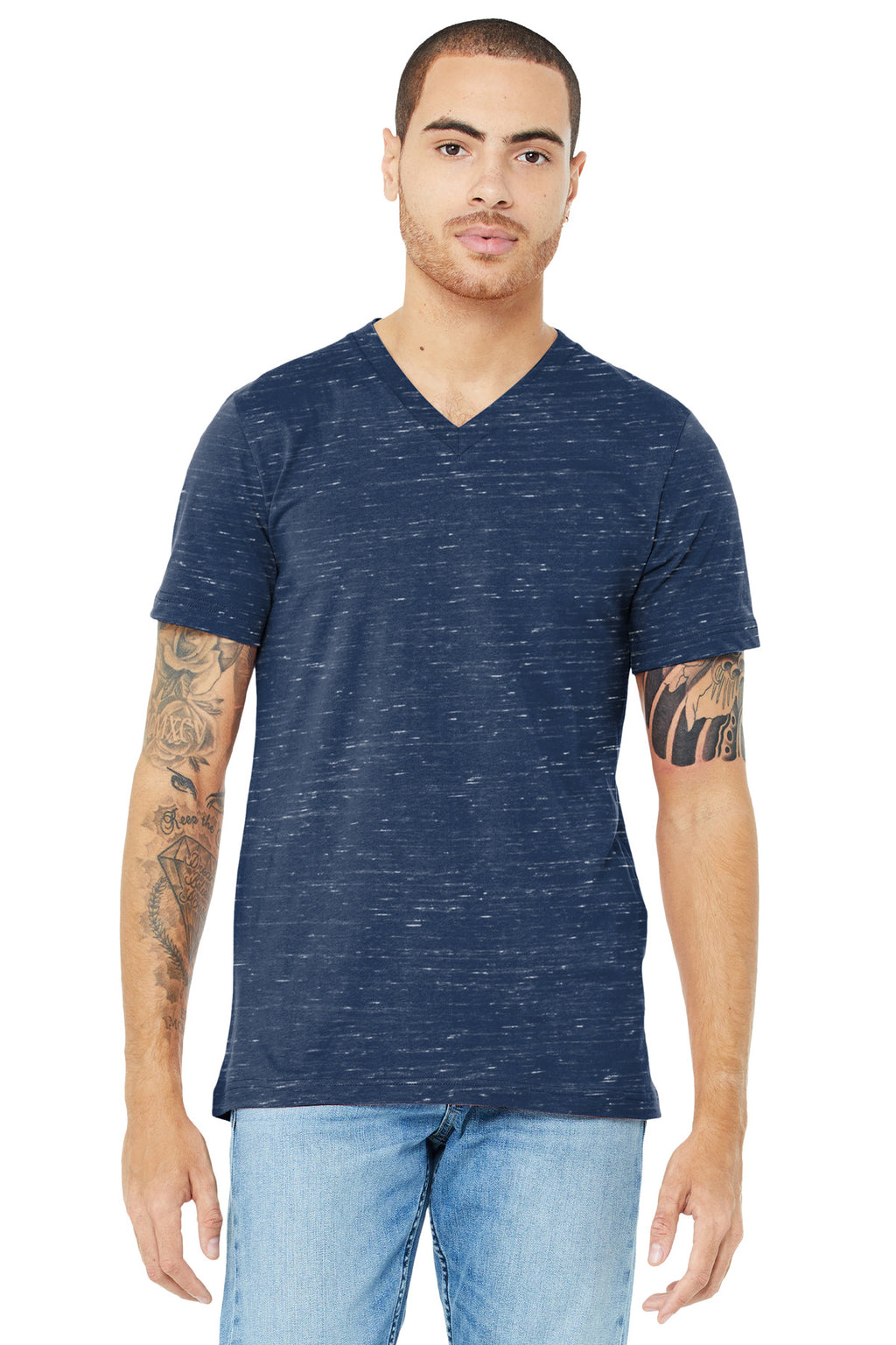 Front View of Navy Marble BELLA+CANVAS Unisex Jersey Short Sleeve V-Neck Tee. BC3005
