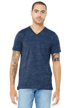 Front View of Navy Marble BELLA+CANVAS Unisex Jersey Short Sleeve V-Neck Tee. BC3005